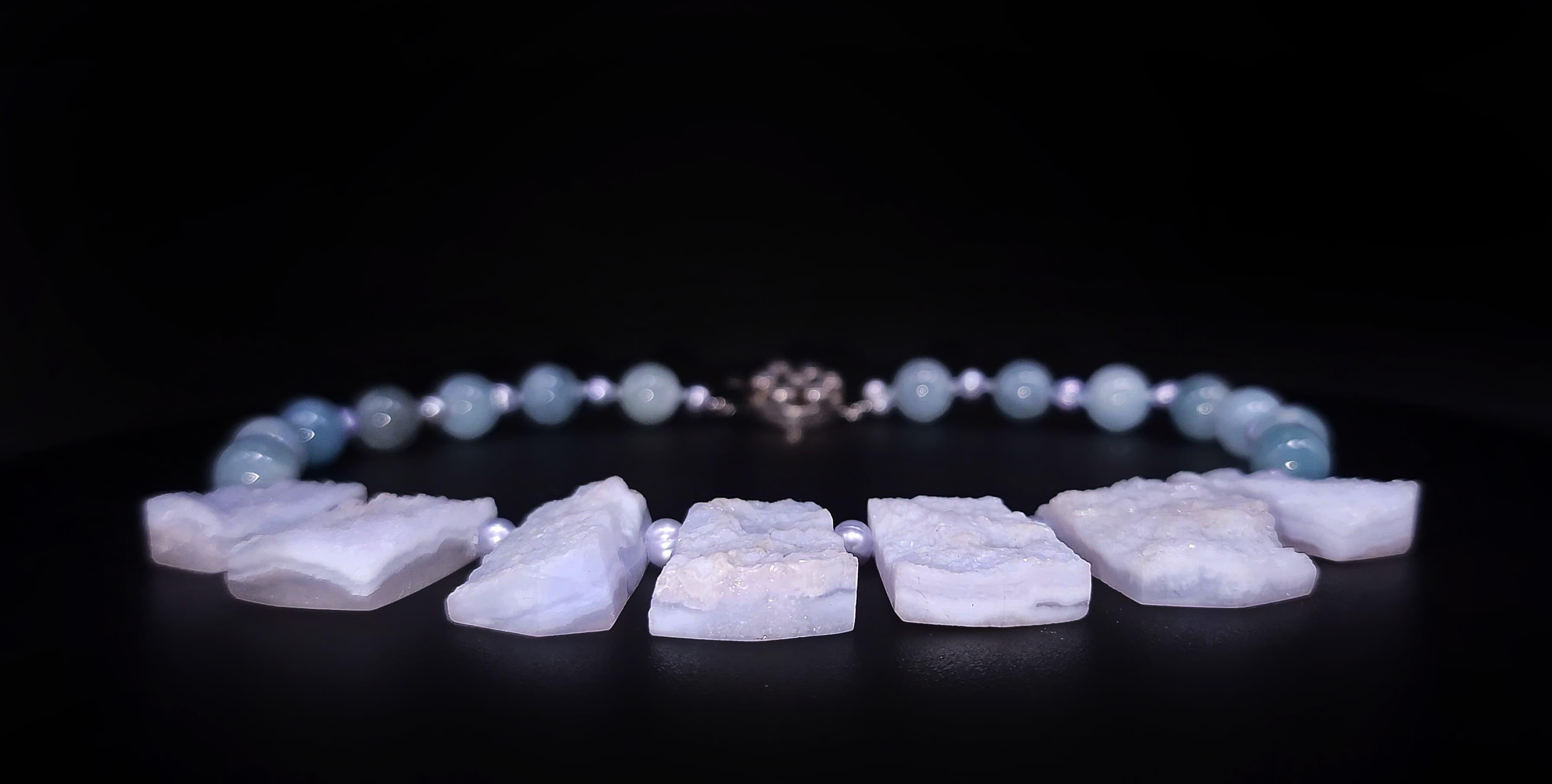 A.Jeschel Rough Cut Aquamarine and freshawater Pearl Necklace. For Sale 8