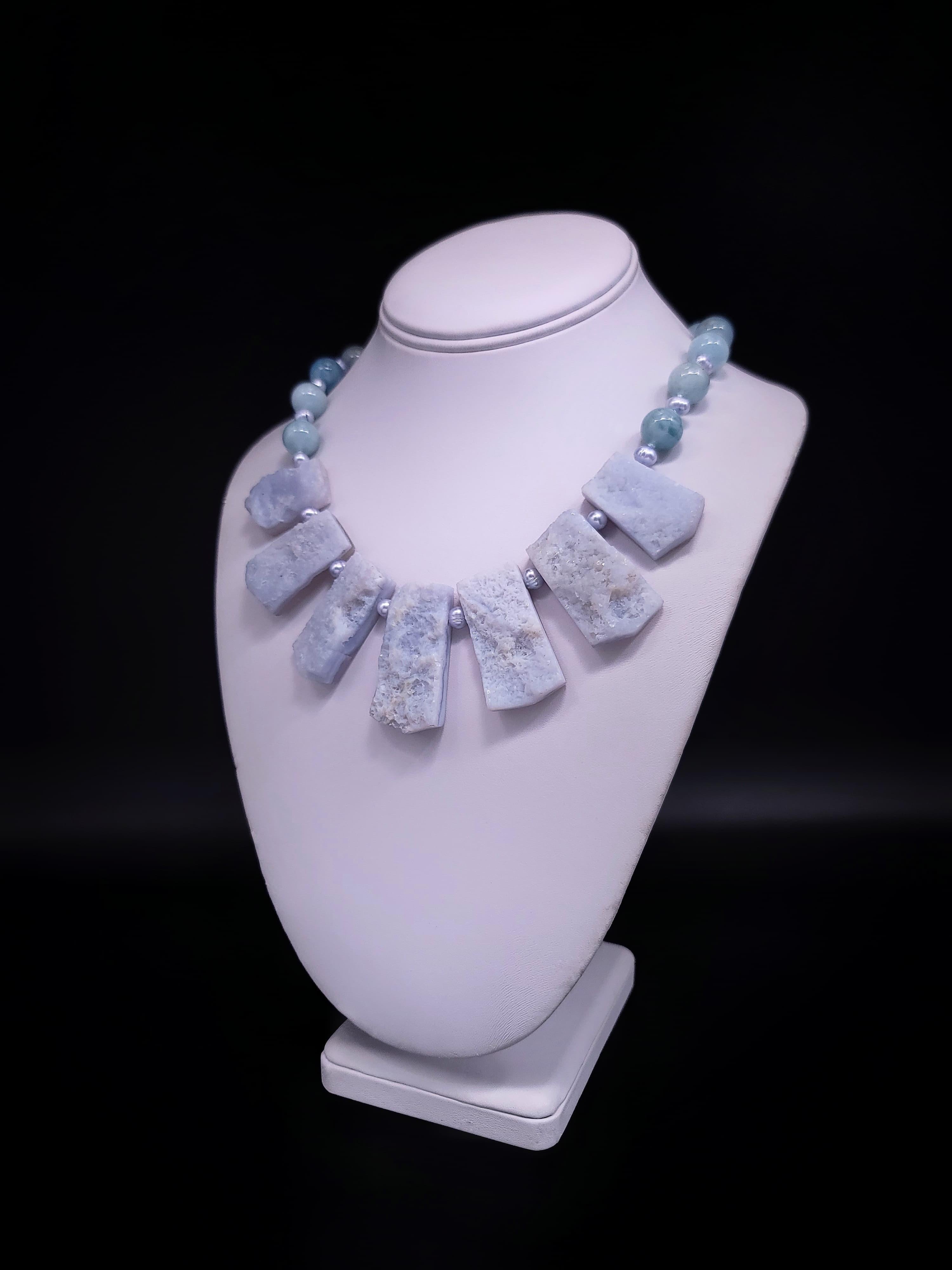 A.Jeschel Rough Cut Aquamarine and freshawater Pearl Necklace. For Sale 9