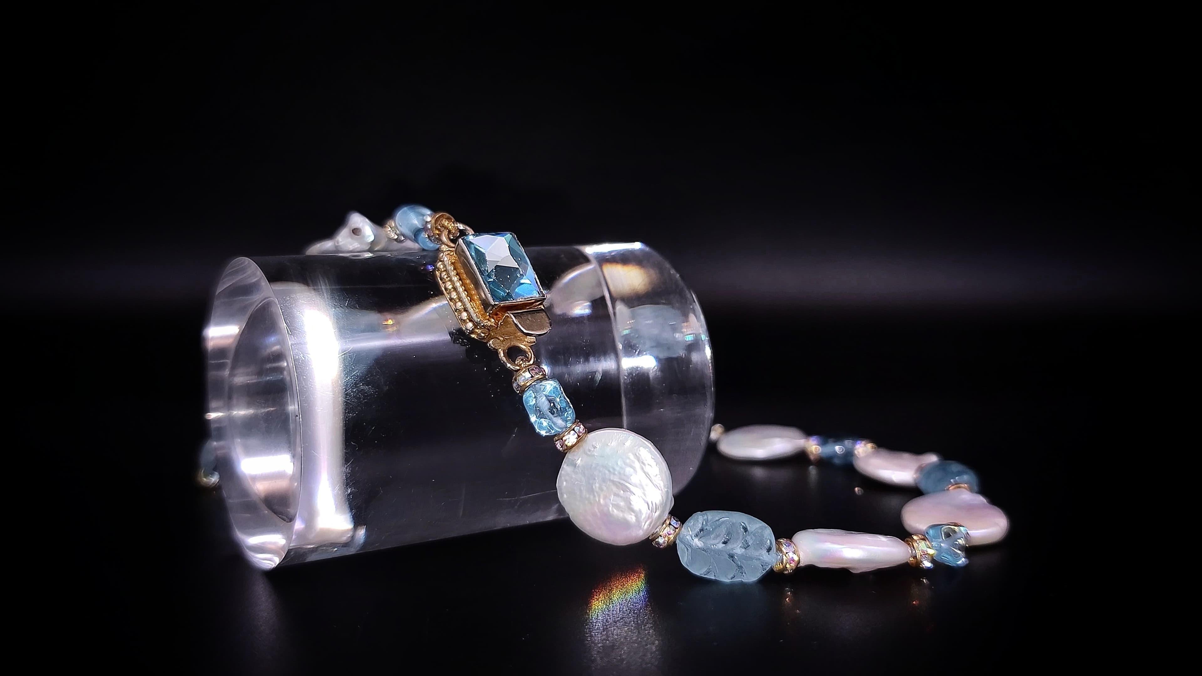 A.Jeschel  Carved and Polished Aquamarine and Coin Pearl necklace. In New Condition For Sale In Miami, FL