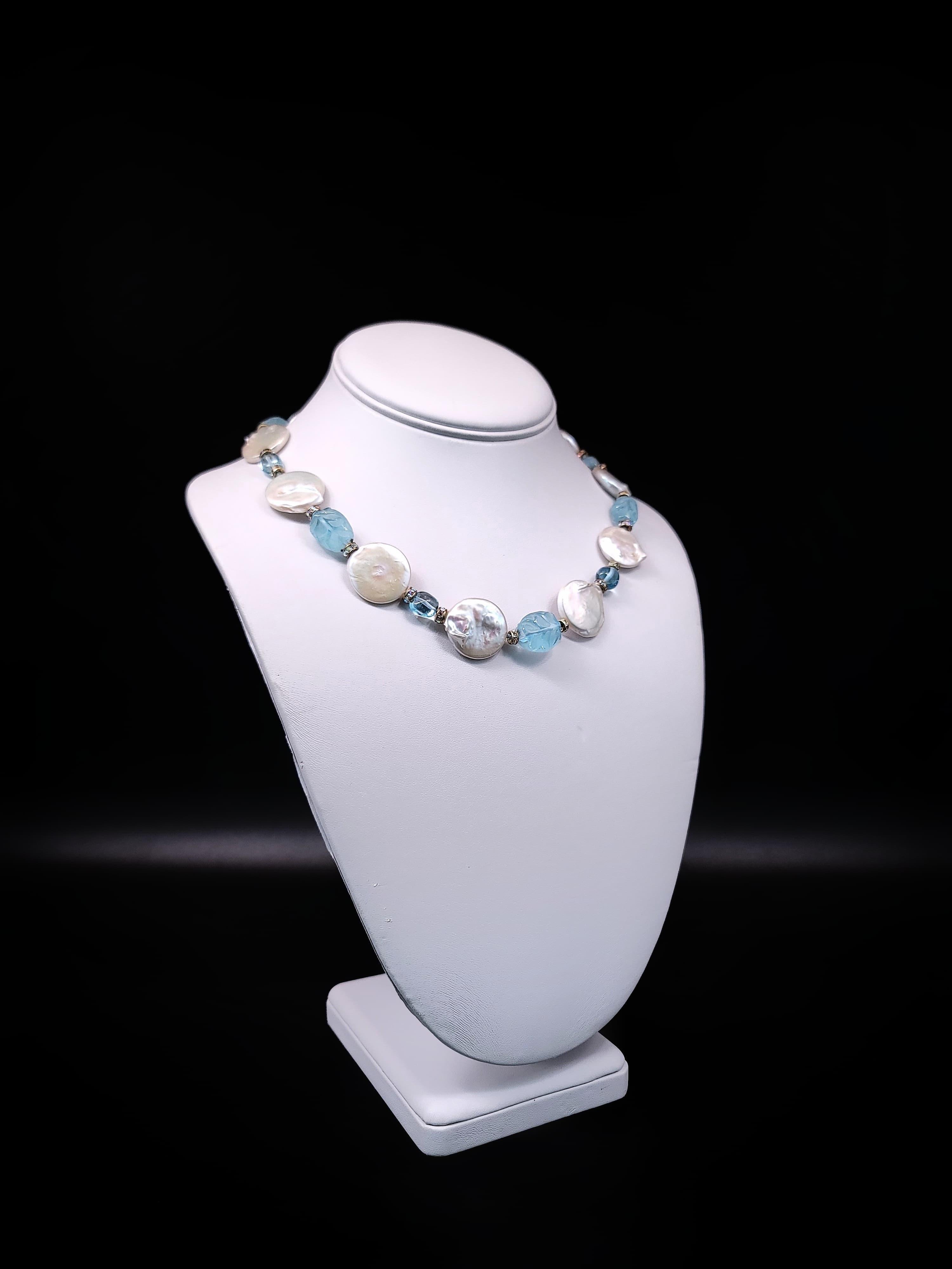 A.Jeschel  Carved and Polished Aquamarine and Coin Pearl necklace. For Sale 3