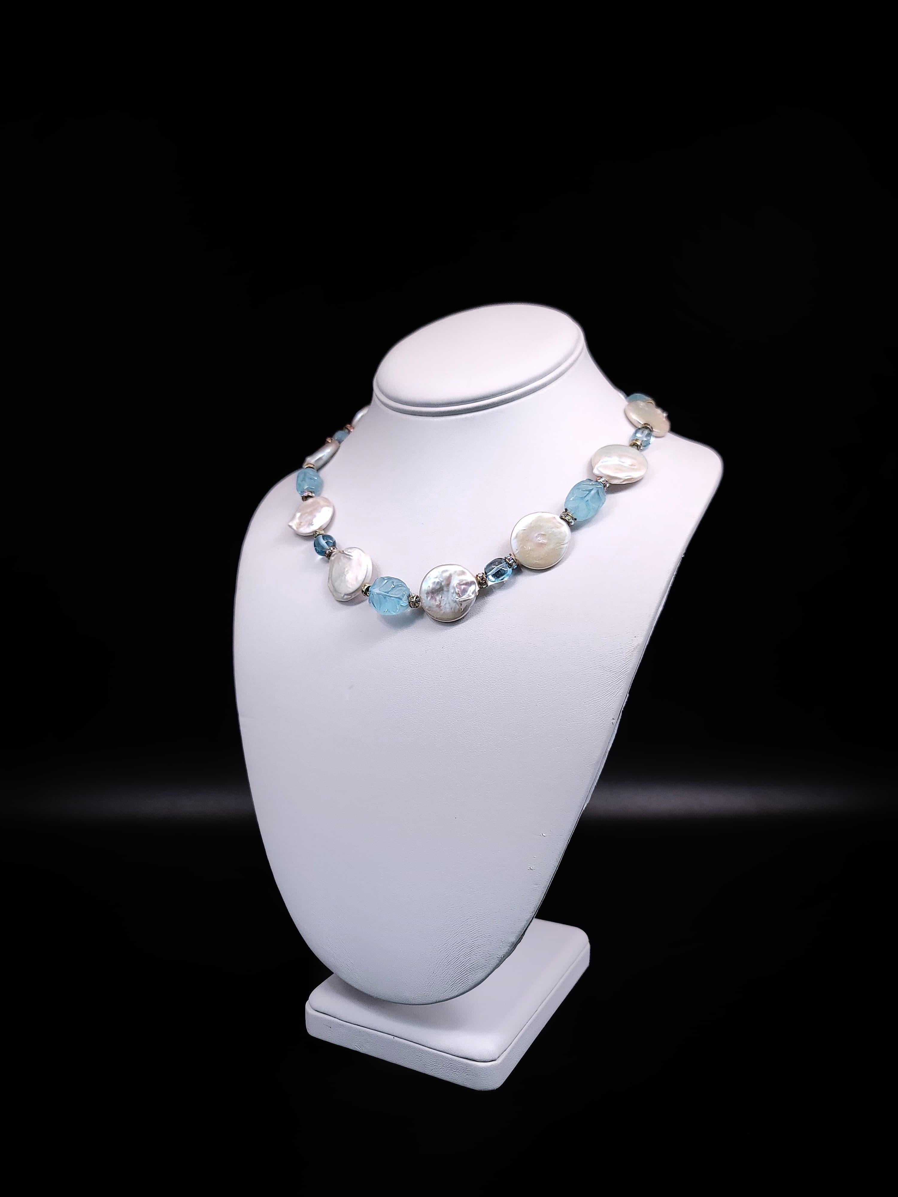 A.Jeschel  Carved and Polished Aquamarine and Coin Pearl necklace. For Sale 4
