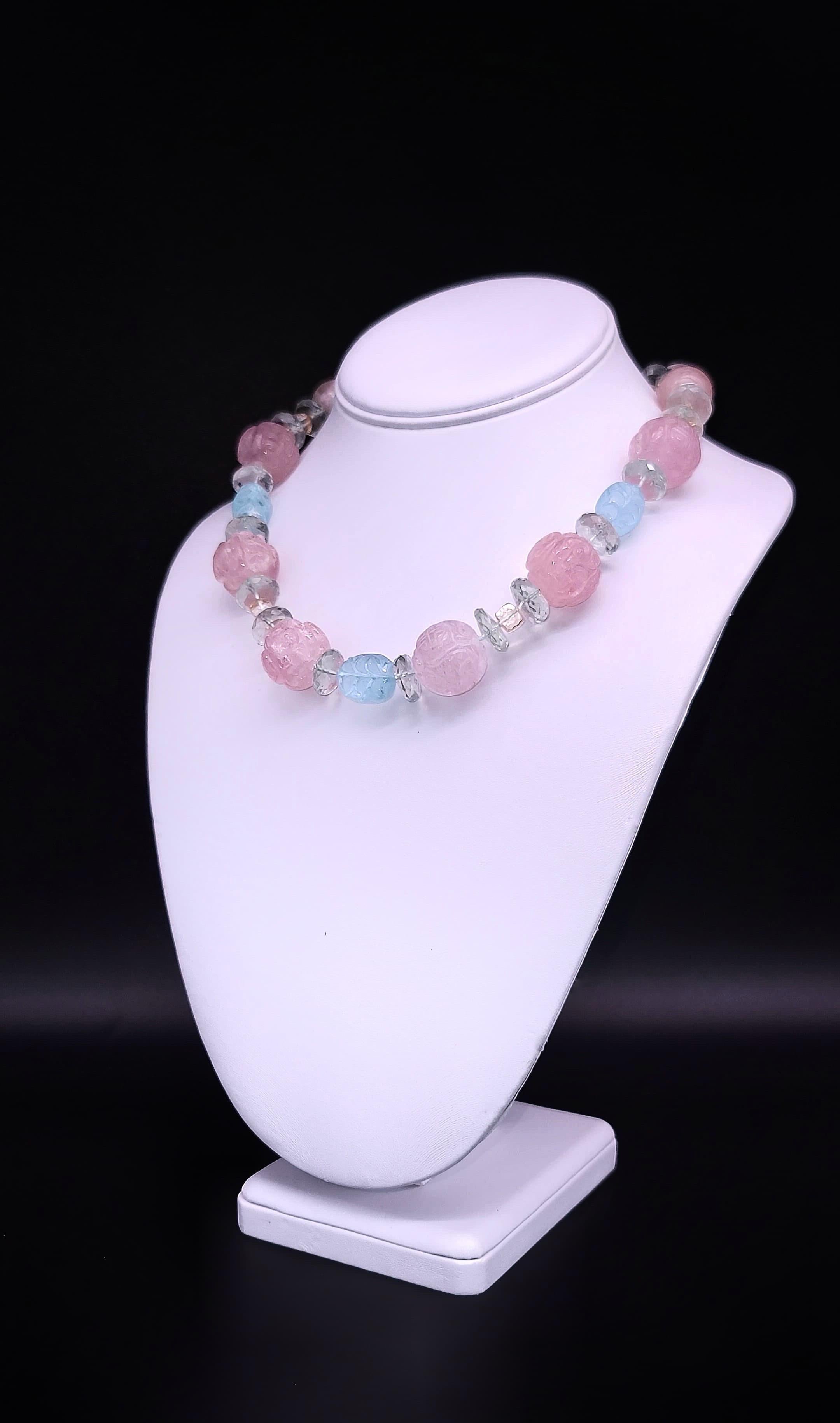 Mixed Cut A.Jeschel Stunning Carved Rose Quartz and Blue Topaz necklace. For Sale