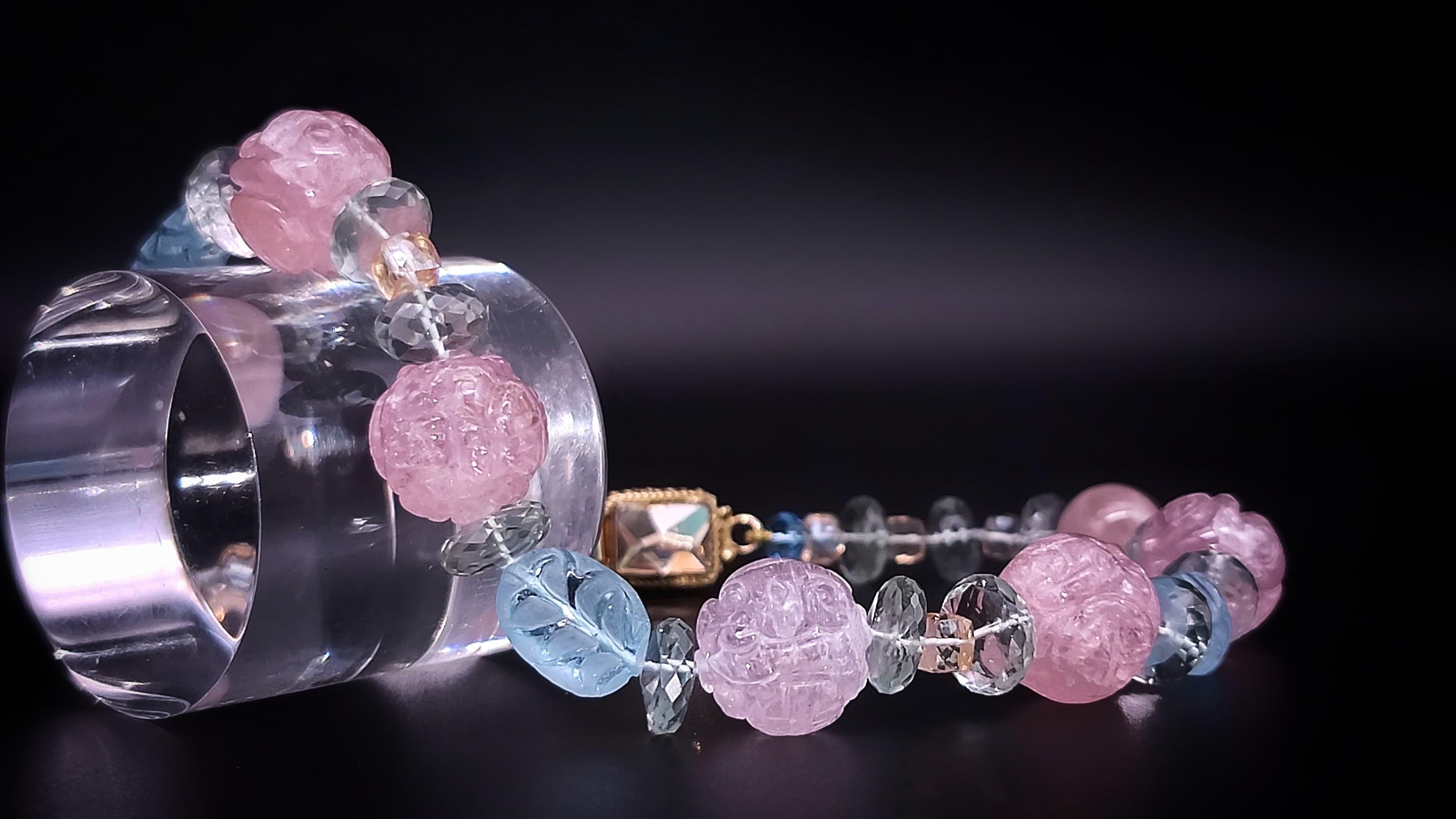 Mixed Cut A.Jeschel Stunning Carved Rose Quartz and Blue Topaz necklace. For Sale