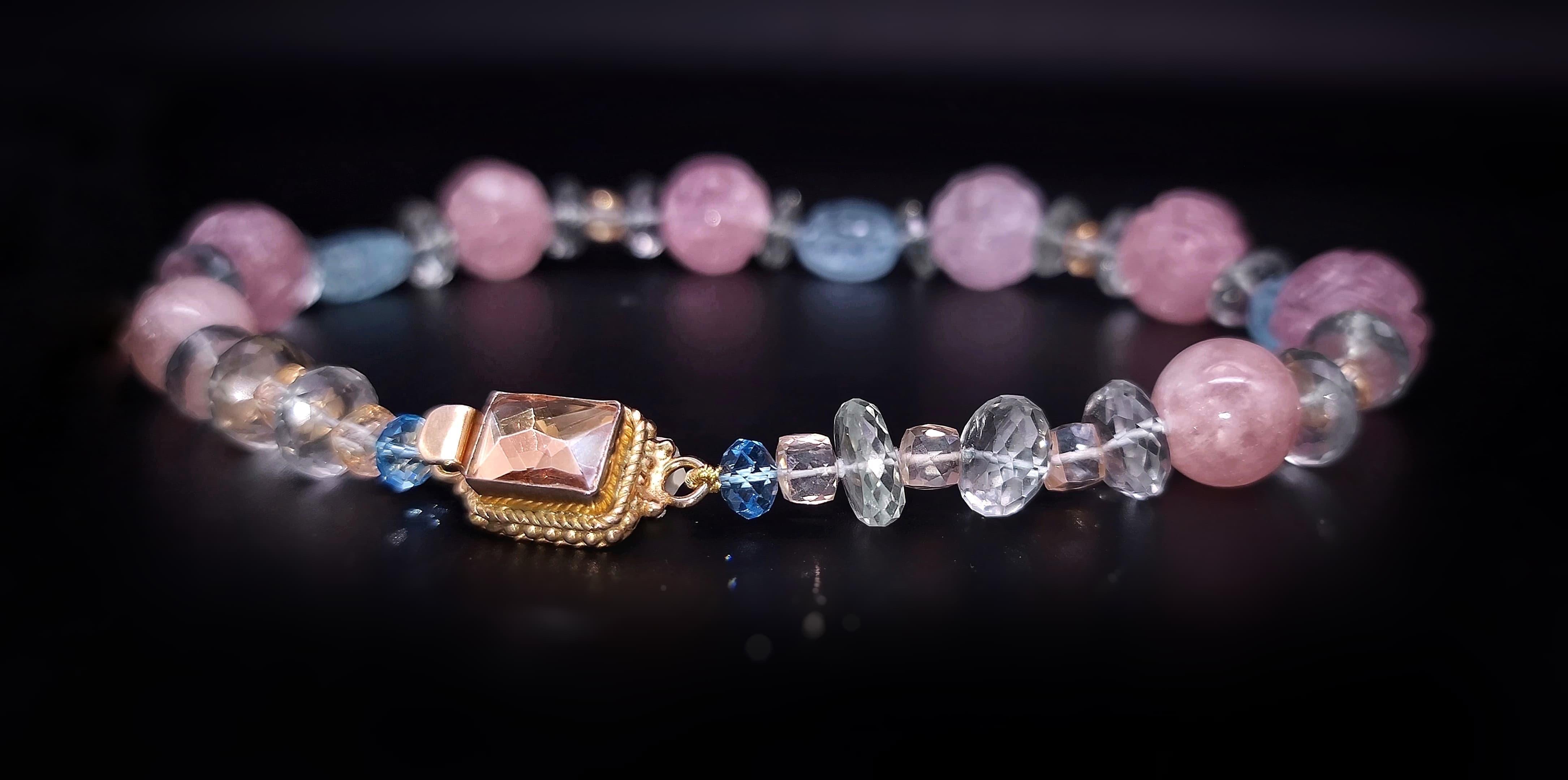 A.Jeschel Stunning Carved Rose Quartz and Blue Topaz necklace. In New Condition For Sale In Miami, FL