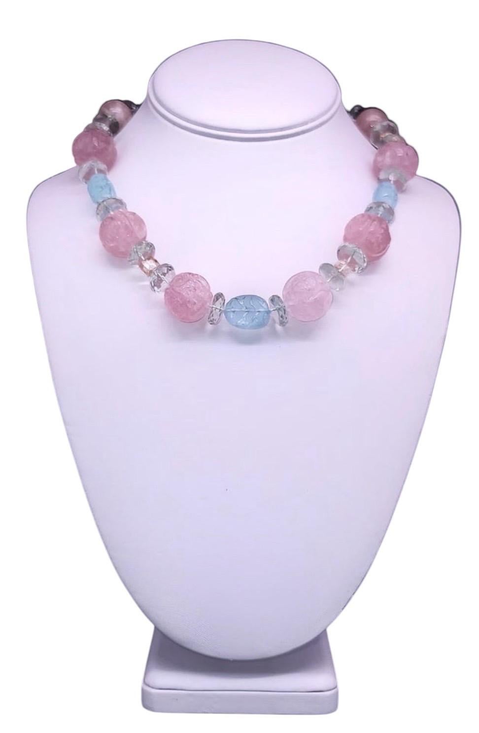 A.Jeschel Stunning Carved Rose Quartz and Blue Topaz necklace. For Sale 10