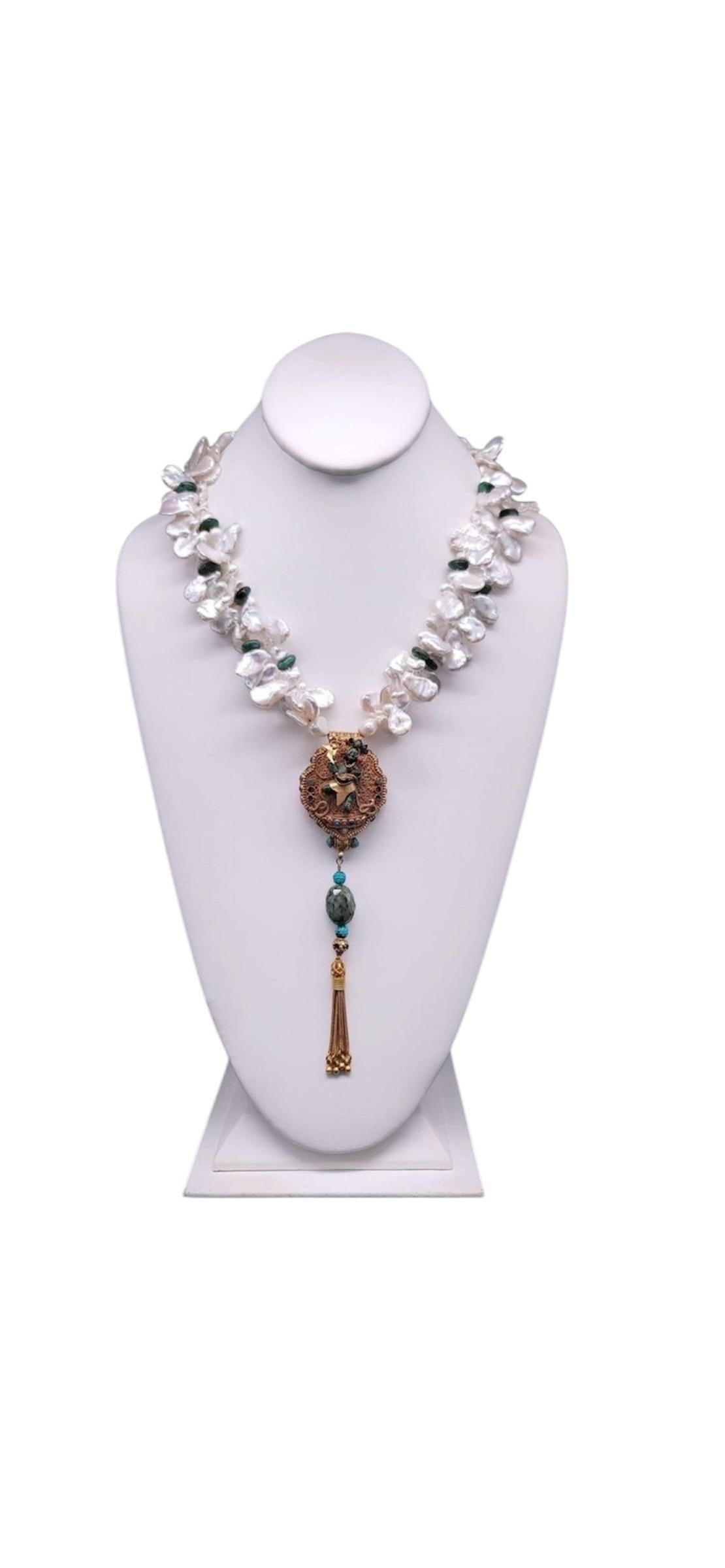 A.Jeschel Ghau Box Pendant Emerald and Freshwater Keshi Pearl Necklace For Sale 5