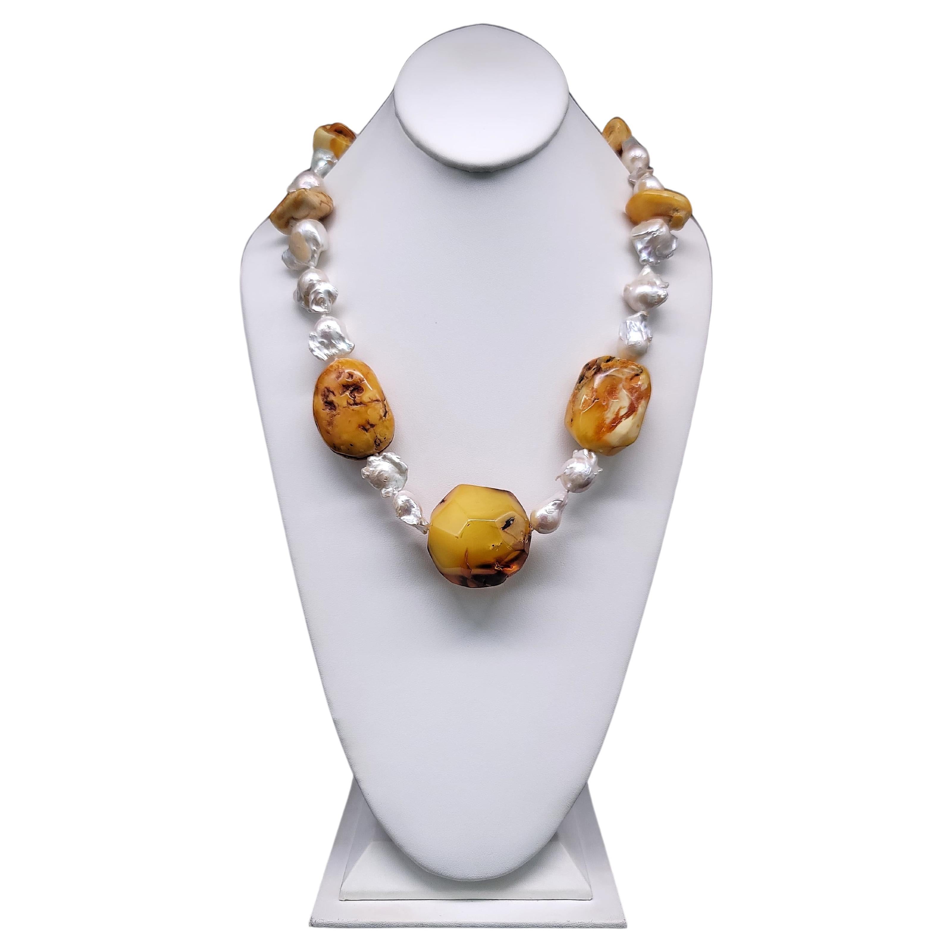 A.Jeschel Baltic Amber and Baroque Pearls Necklace. For Sale