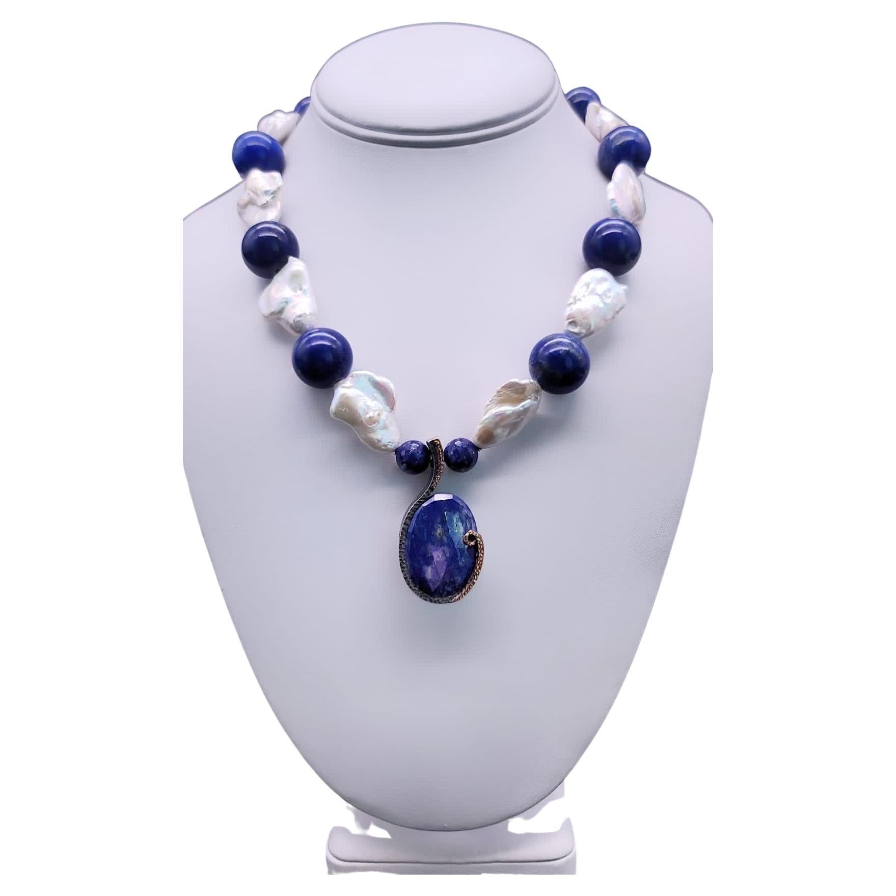A.Jeschel Stunning Lapis and Baroque Pearls necklace. For Sale