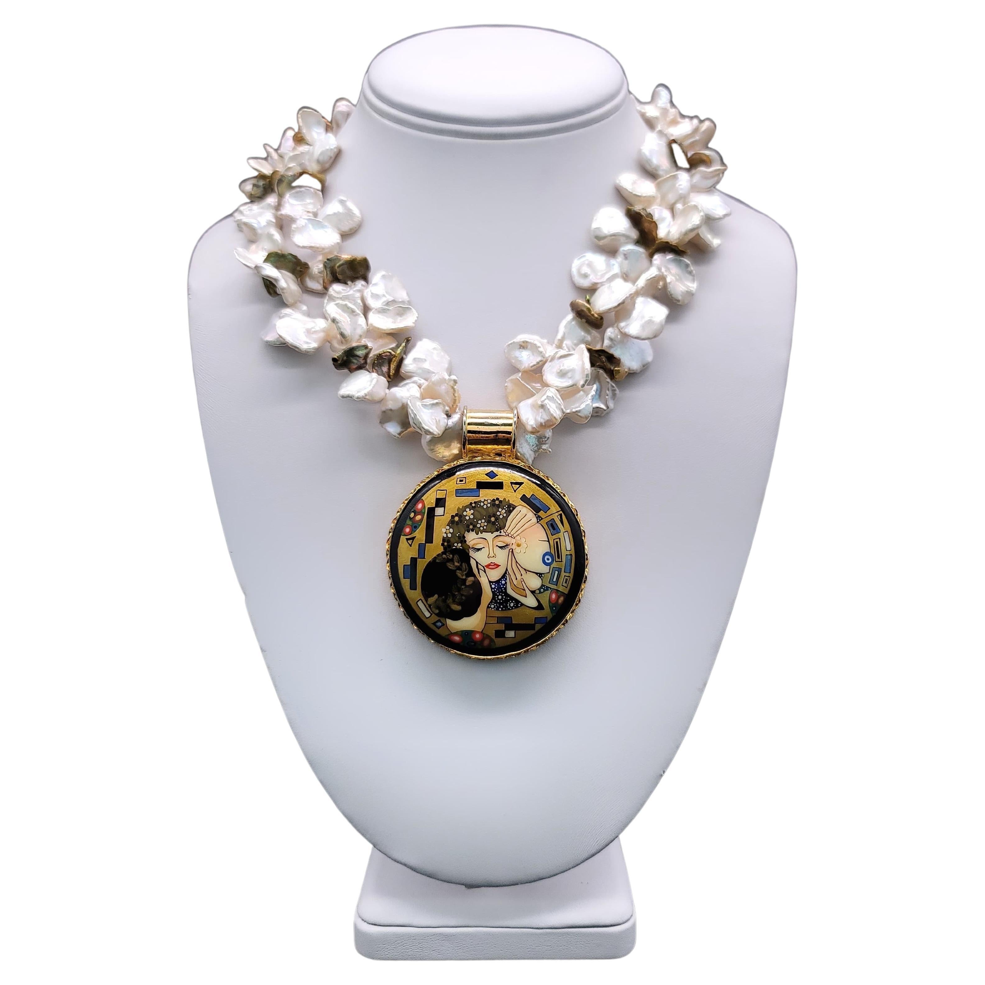 A.Jeschel Iconic Gold and Keshi Pearl Necklace with Art Deco Pendant.