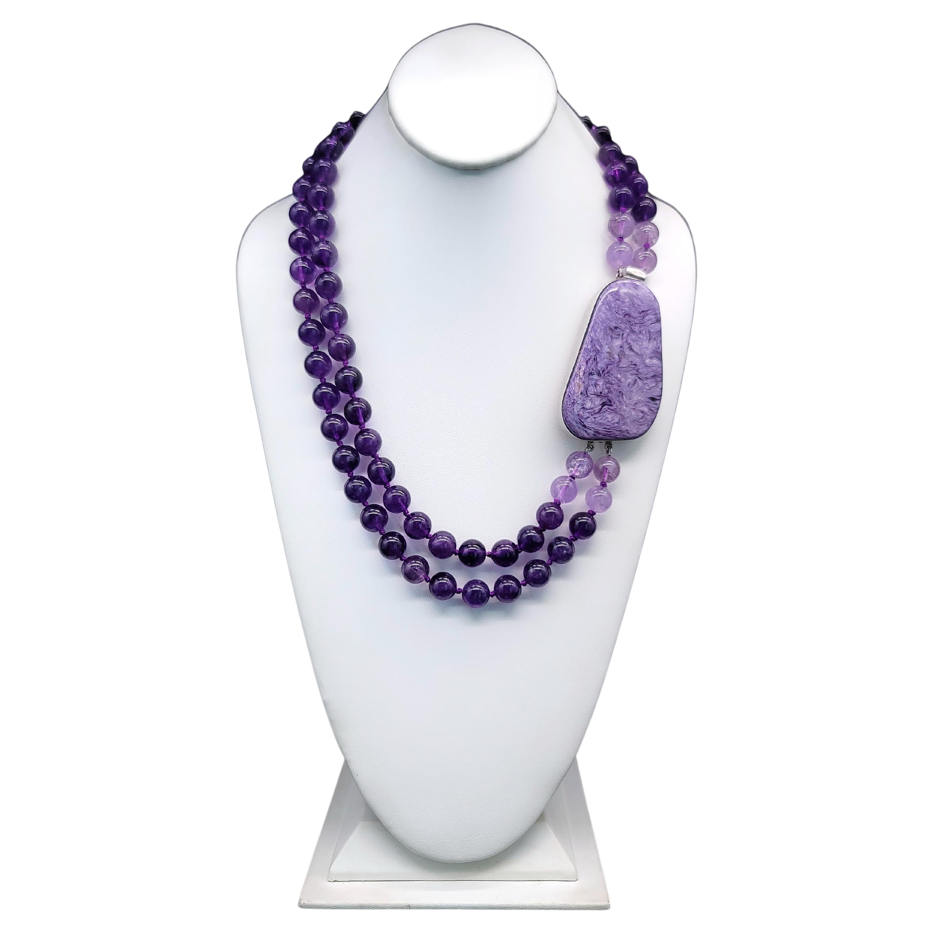 A.Jeschel 2 Strand Amethyst Necklace with a Spectacular Charoite Clasp. For Sale