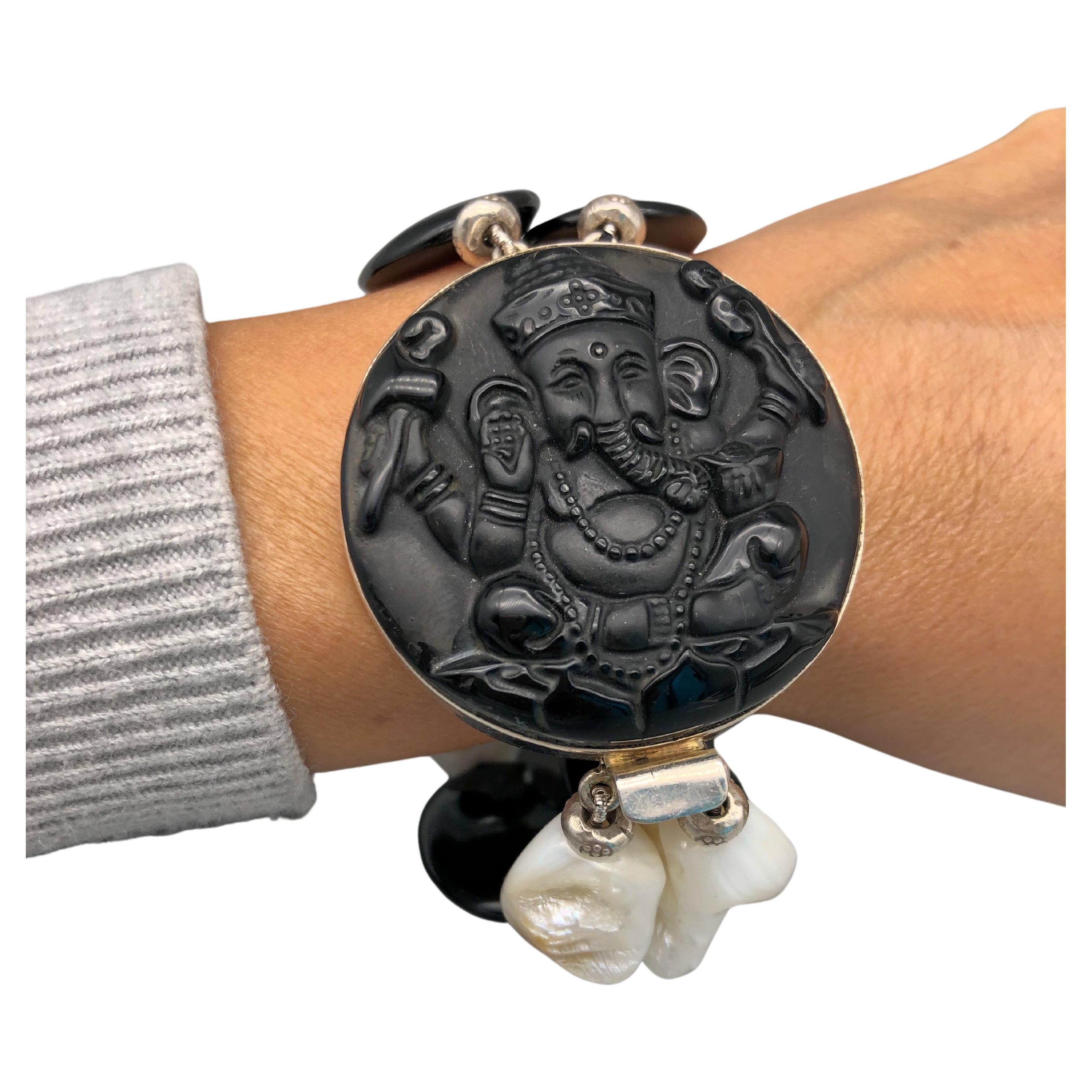 A.Jeschel Statement bold Onyx bracelet with lord Ganesh carved clasp. For Sale