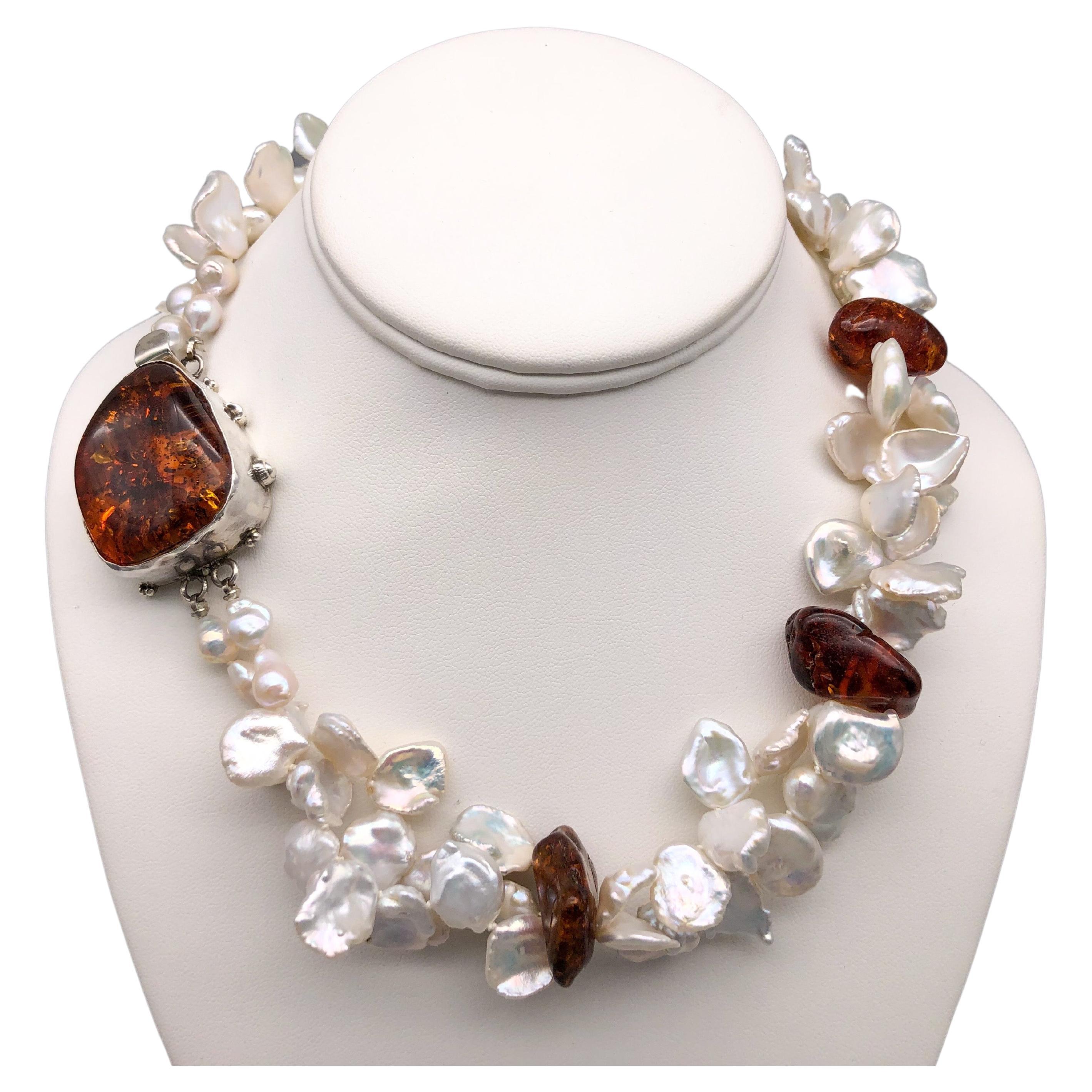 A.Jeschel Splendid Keshi Pearls and Amber Necklace. For Sale