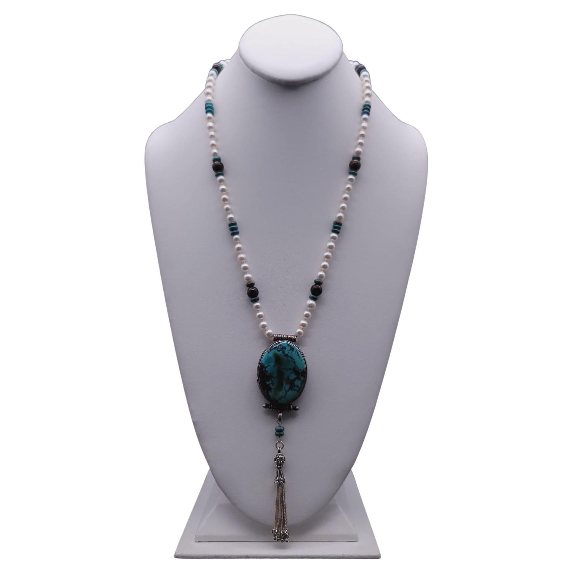 A.Jeschel Sophisticated long freswater Pearl necklace with Turquoise pendant. For Sale