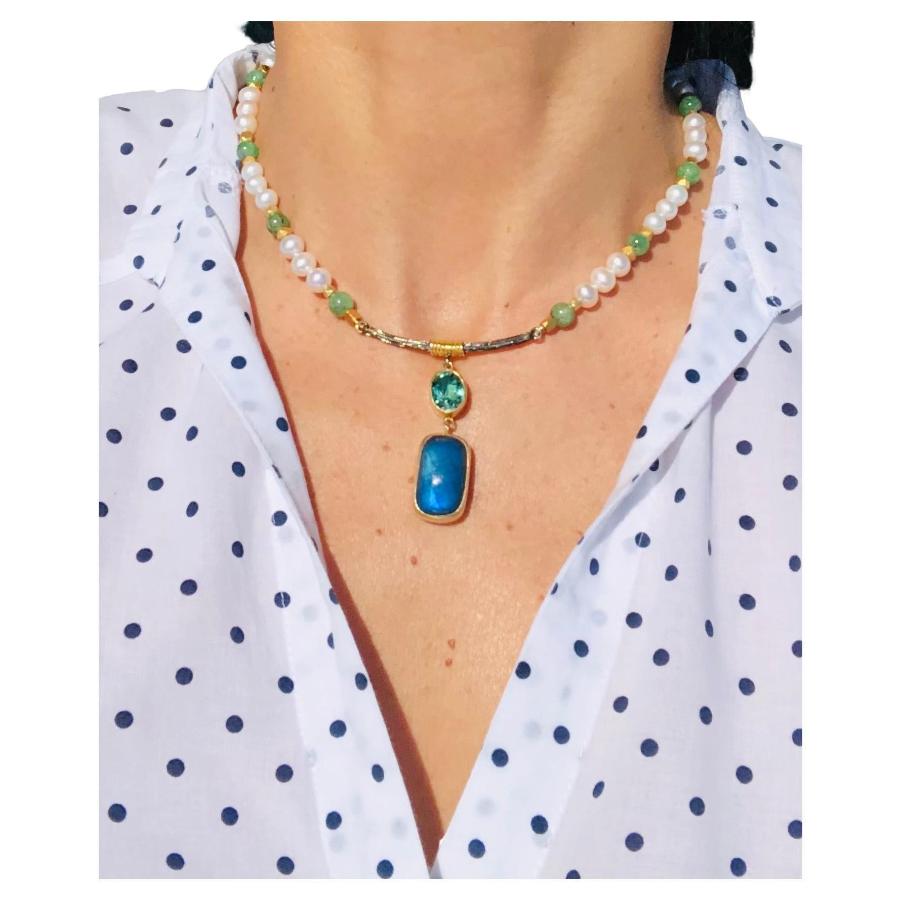 A.Jeschel Pendant Necklace with Pearls and Emerald beads is dreamy.