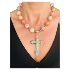 A.Jeschel Mexican fire Opal and Turquoise Sterling Silver cross necklace