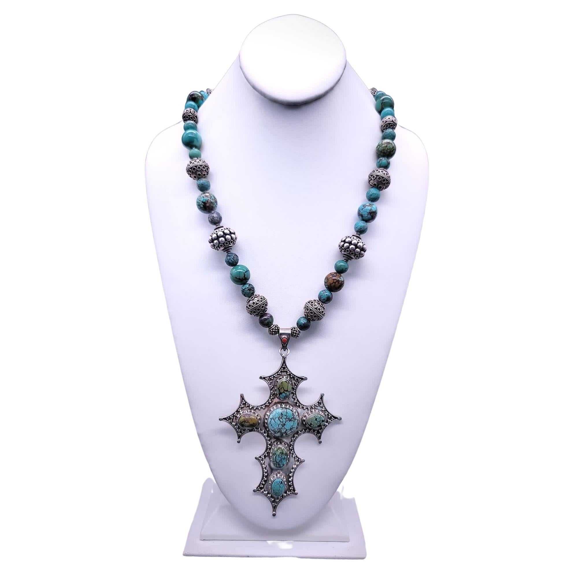 A.Jeschel Magnificent Sterling Silver Cross inlaid with Turquoise necklace.