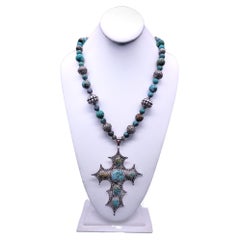 A.Jeschel Magnificent Sterling Silver Cross inlaid with Turquoise necklace.