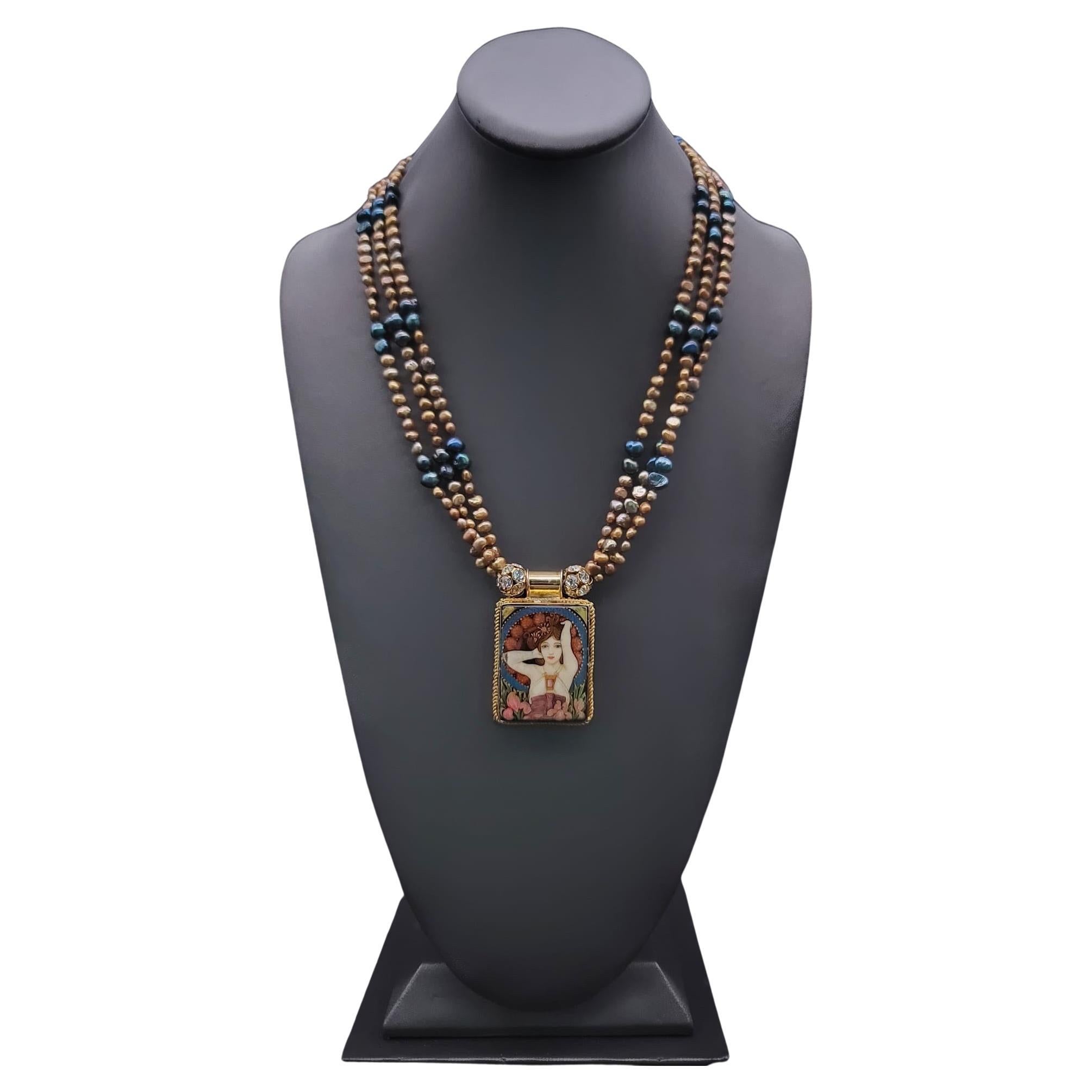 A.Jeschel Fine hand-painted Art Deco enamel pendant and Peacock Pearl necklace. For Sale