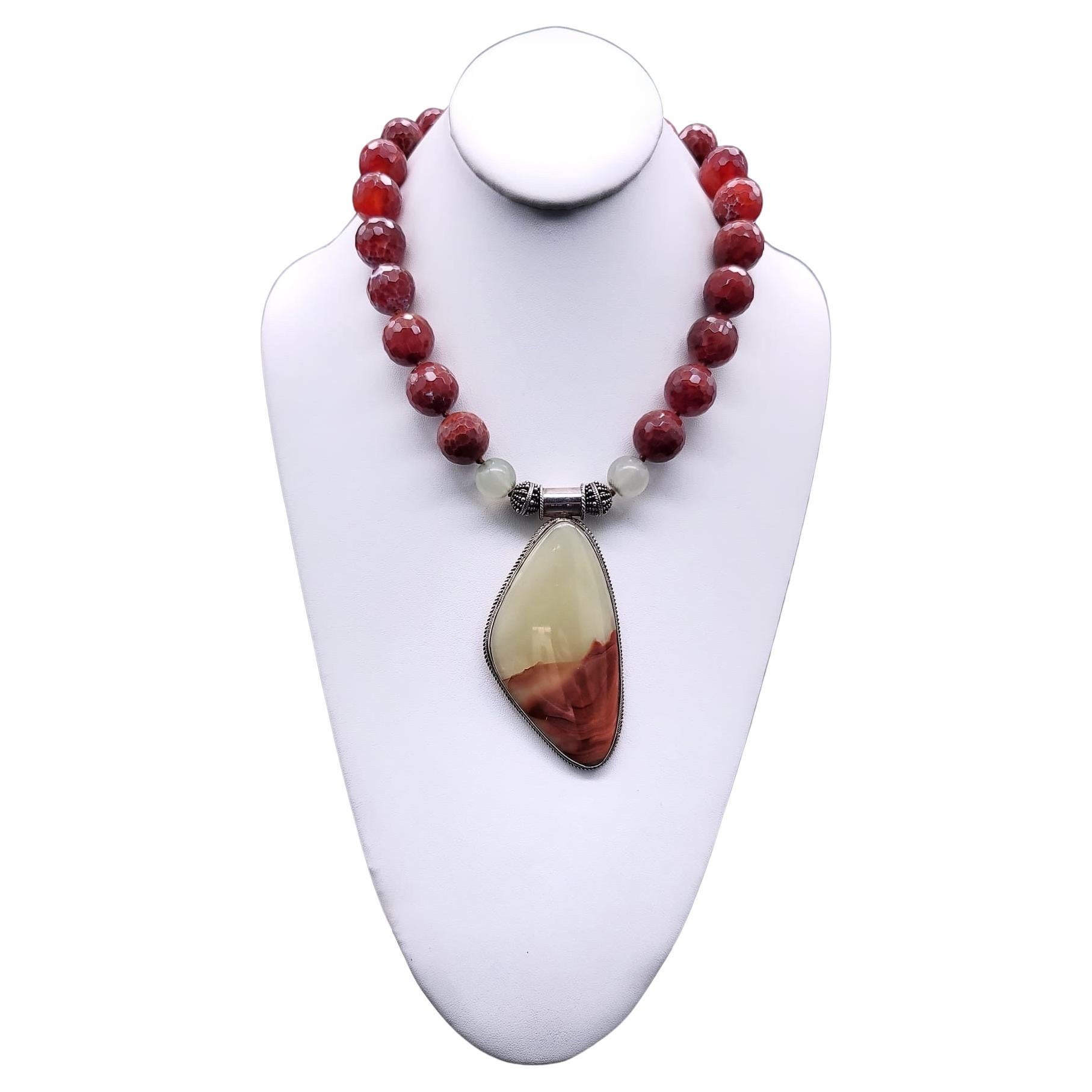 A.Jeschel Show-stopping pale green onyx  and Fire Opal necklace. For Sale