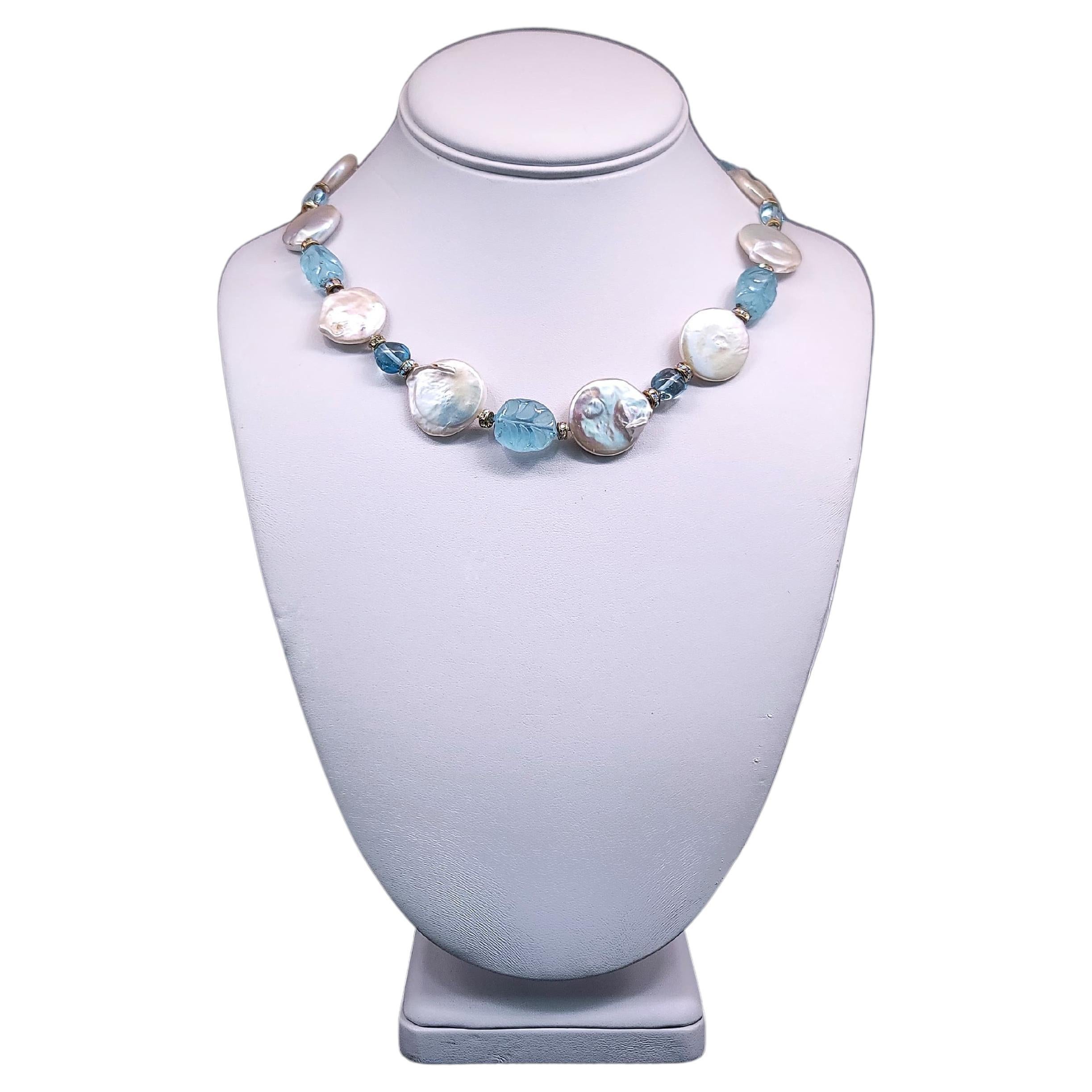 A.Jeschel  Carved and Polished Aquamarine and Coin Pearl necklace. For Sale