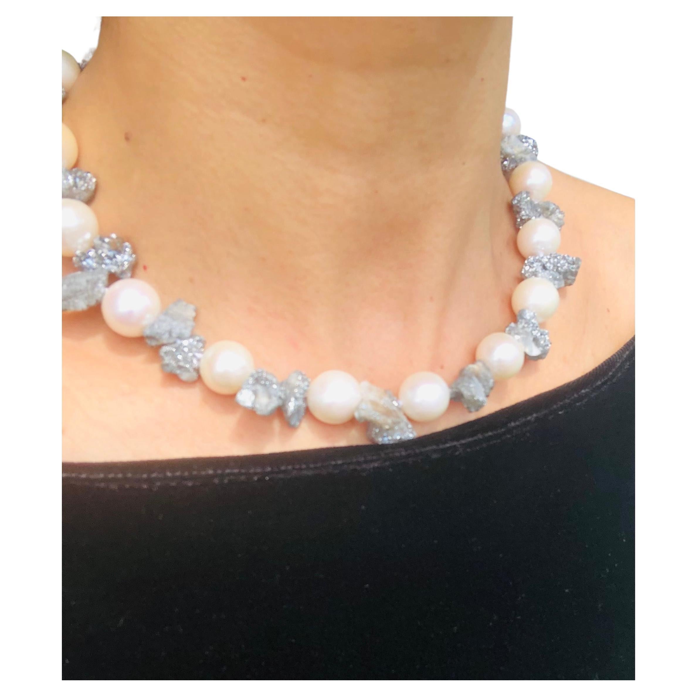 A.Jeschel  Lustrous 14mm pearls and sparkly druzy Quartz necklace. For Sale