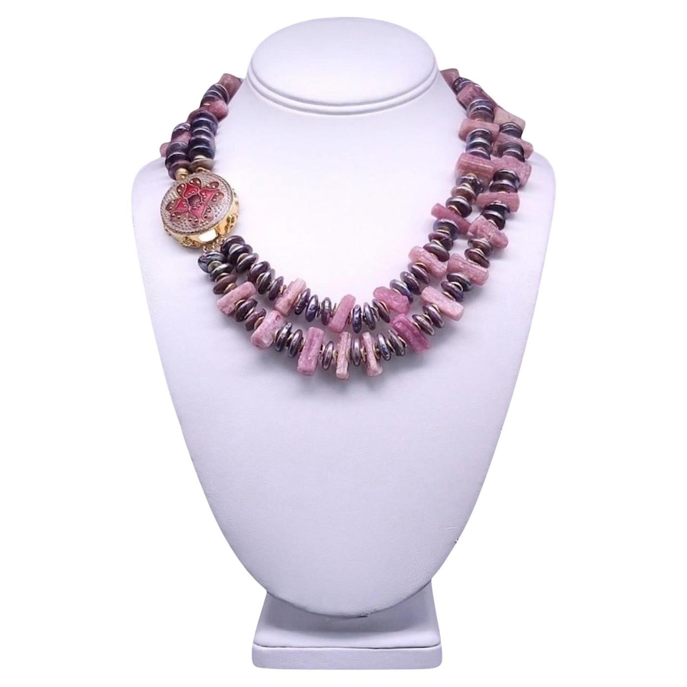 Collana con tormalina e perle con chiusura firmata A.Jeschel. in vendita