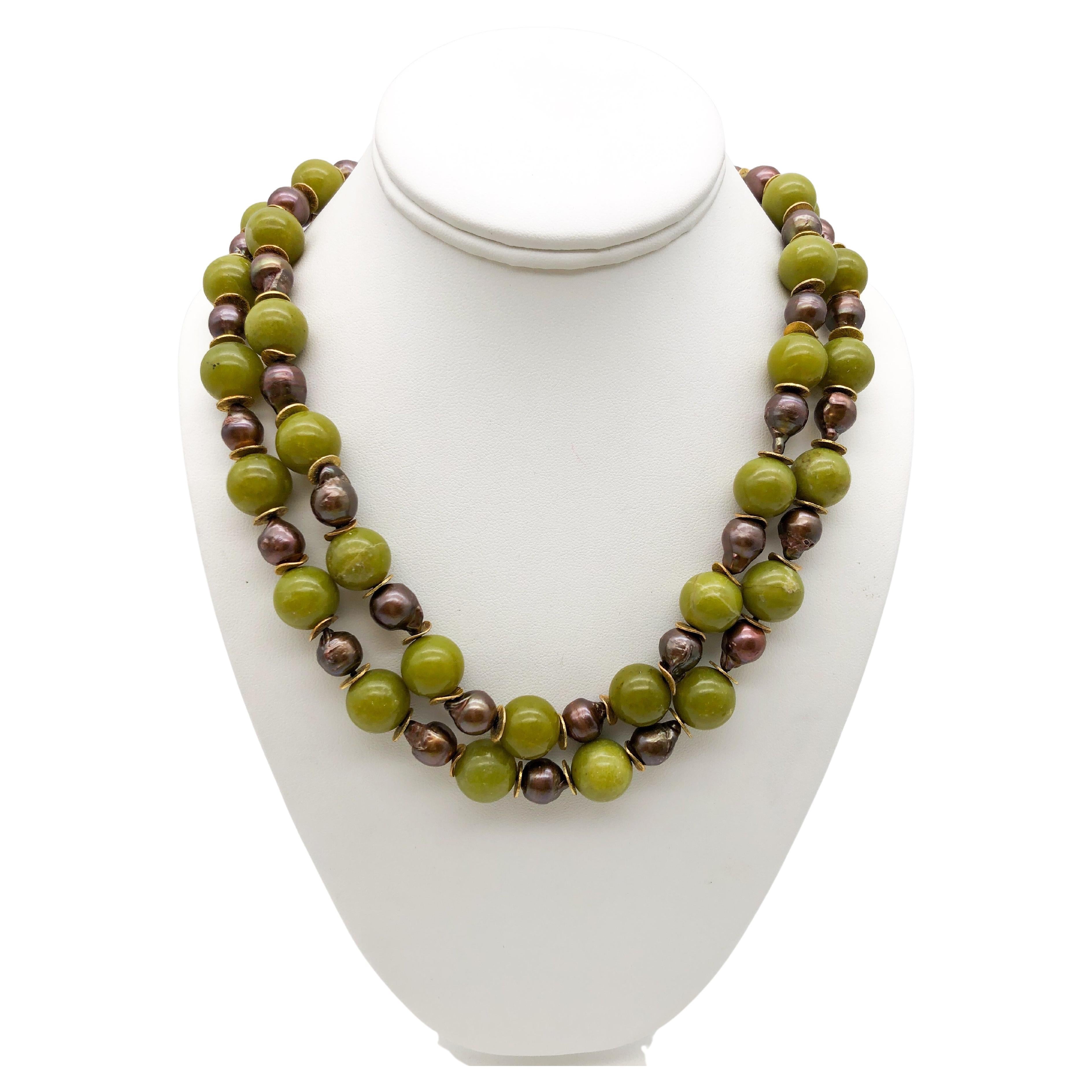 A.Jeschel Signature Tiger's eye clasp and Olive jade Necklace