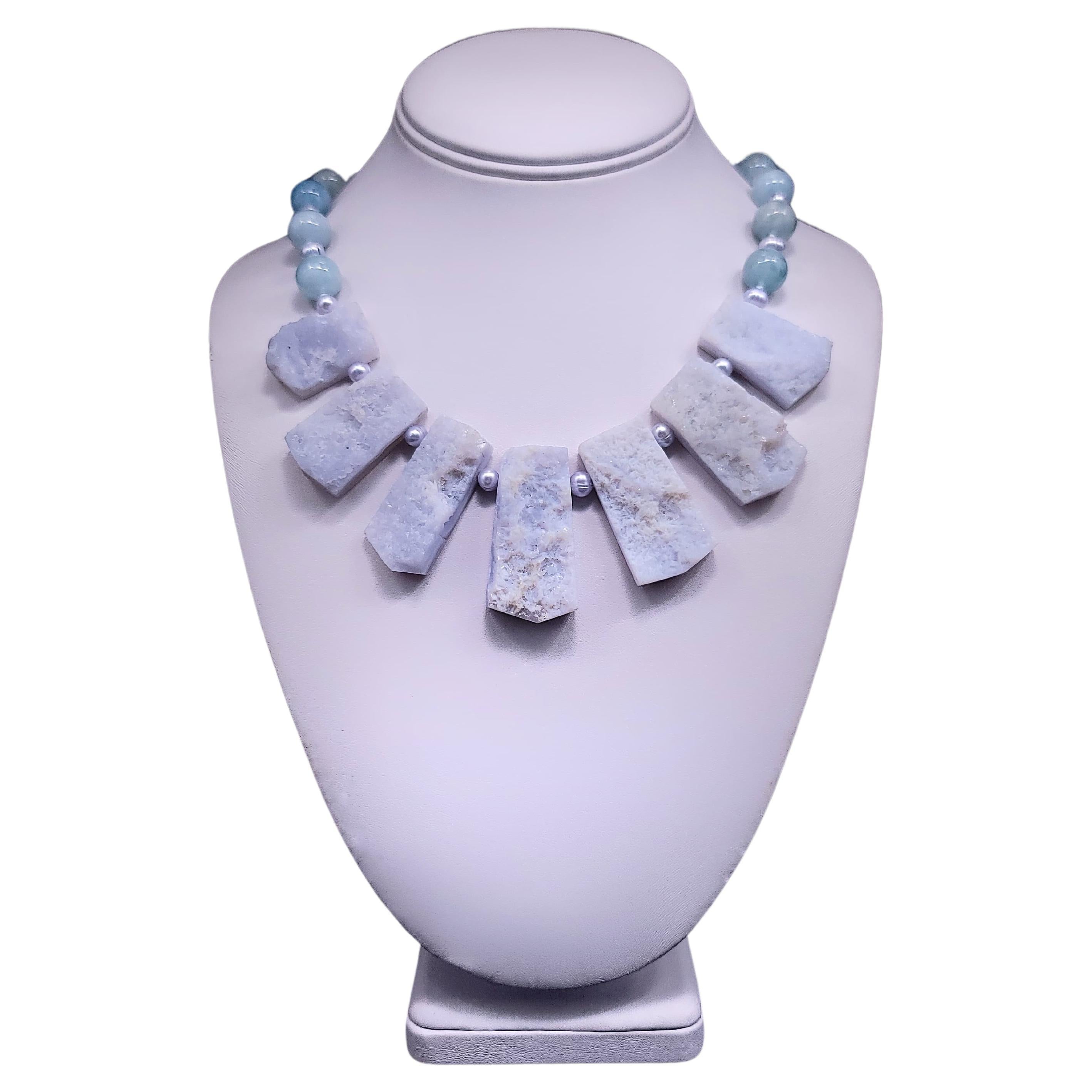A.Jeschel Rough Cut Aquamarine and freshawater Pearl Necklace. For Sale