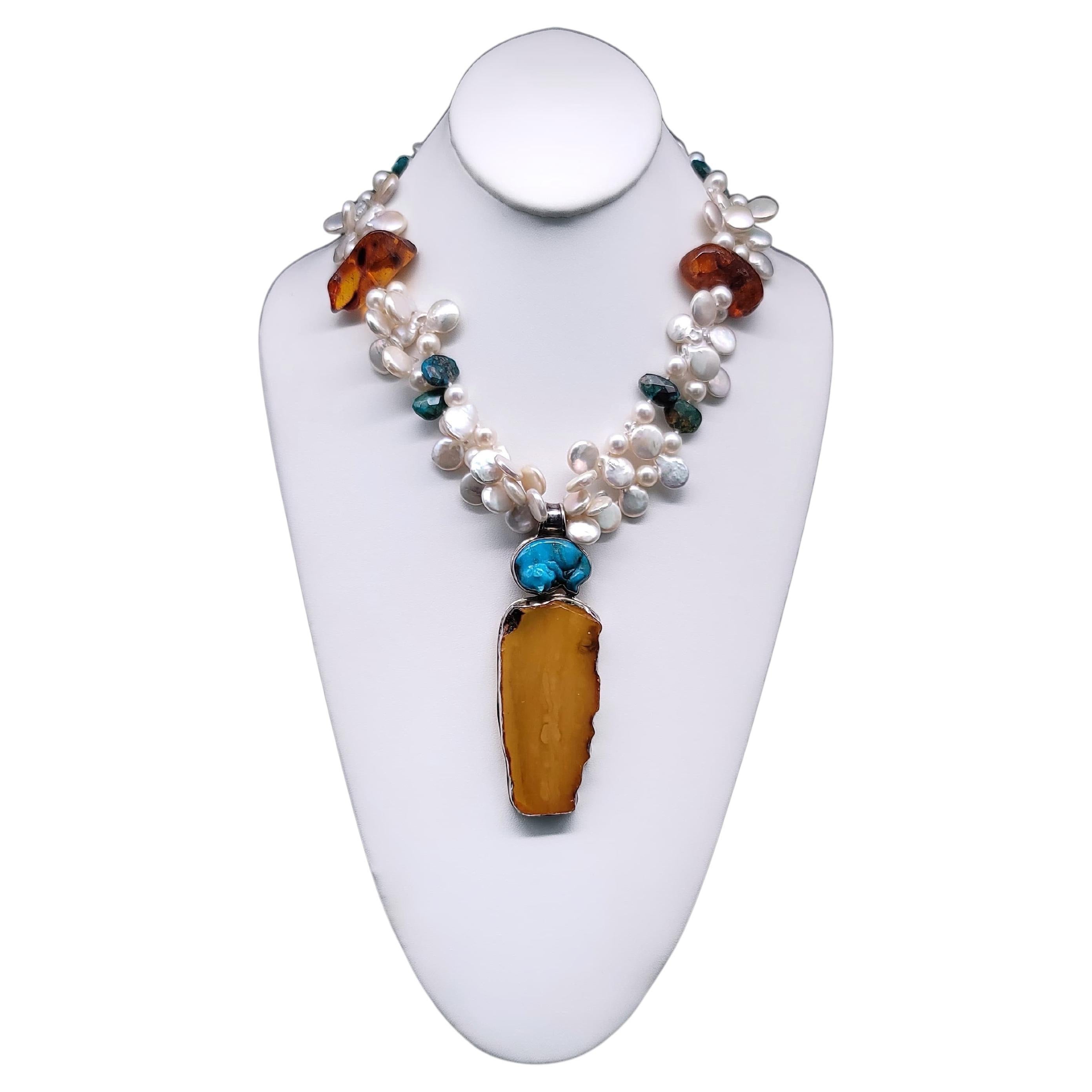 A.Jeschel Pearl necklace with spectacular Amber pendant. For Sale