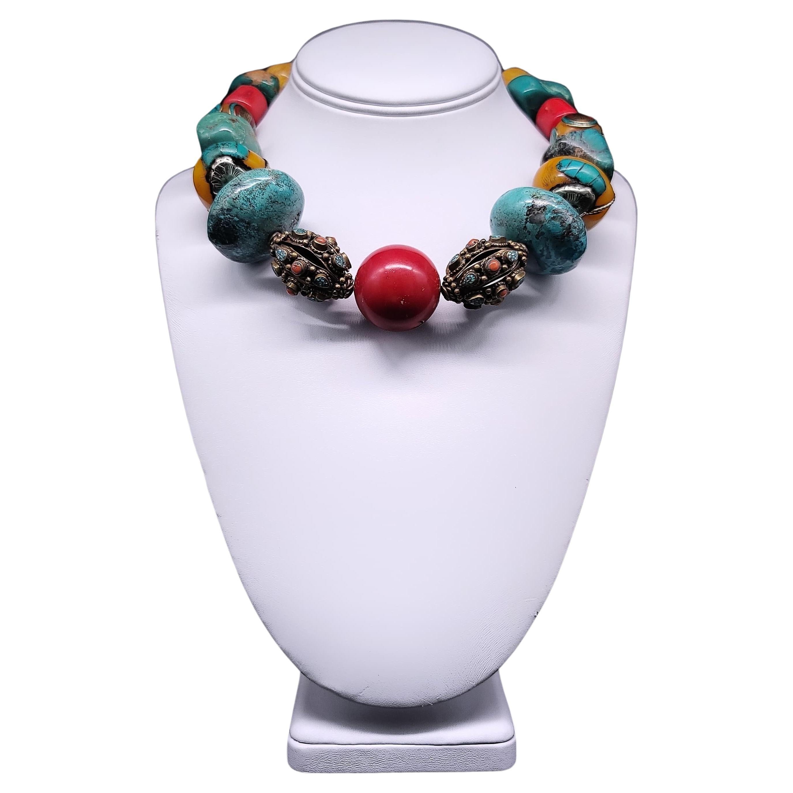 A.Jeschel Colorful and Bold necklace with Amber Coral Turquois and Tibetan beads For Sale