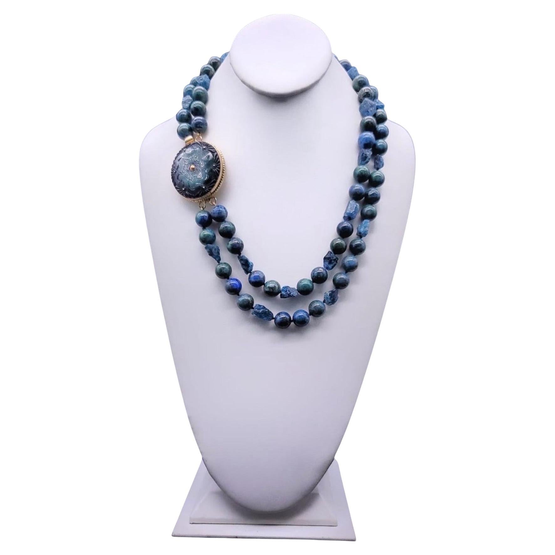 A.Jeschel Captivating Chrysocolla and Apatite necklace with Vintage Glass clasp.