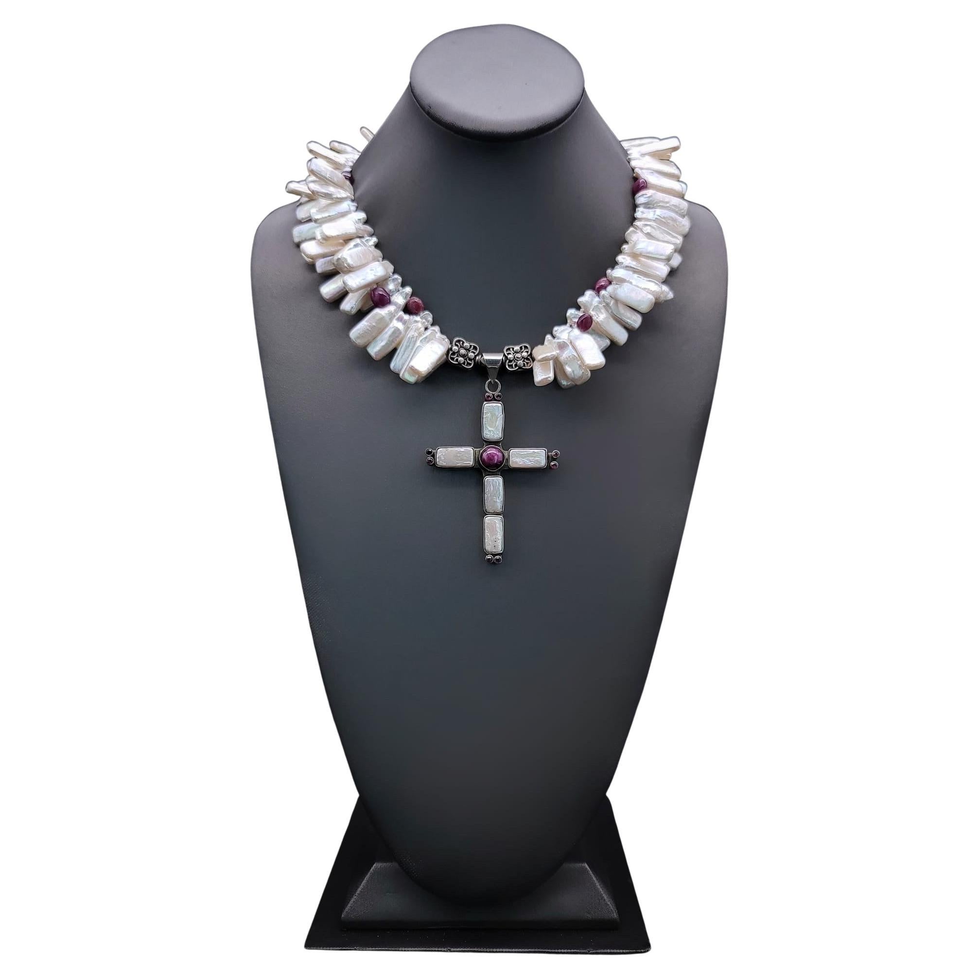 A.Jeschel Lustrous Pearl and Ruby cross pendant necklace. For Sale