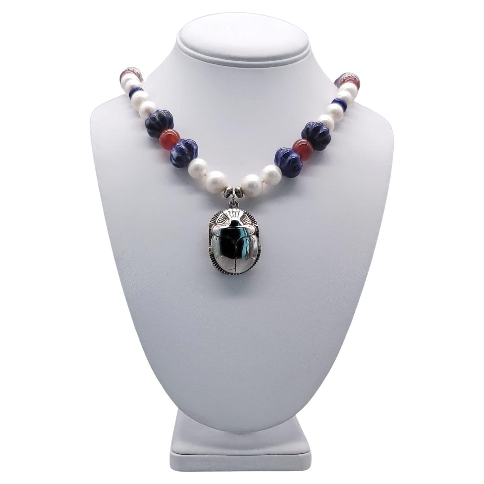 A.Jeschel  Freshwater Pearl and Lapis necklace with a silver scarab pendant. For Sale