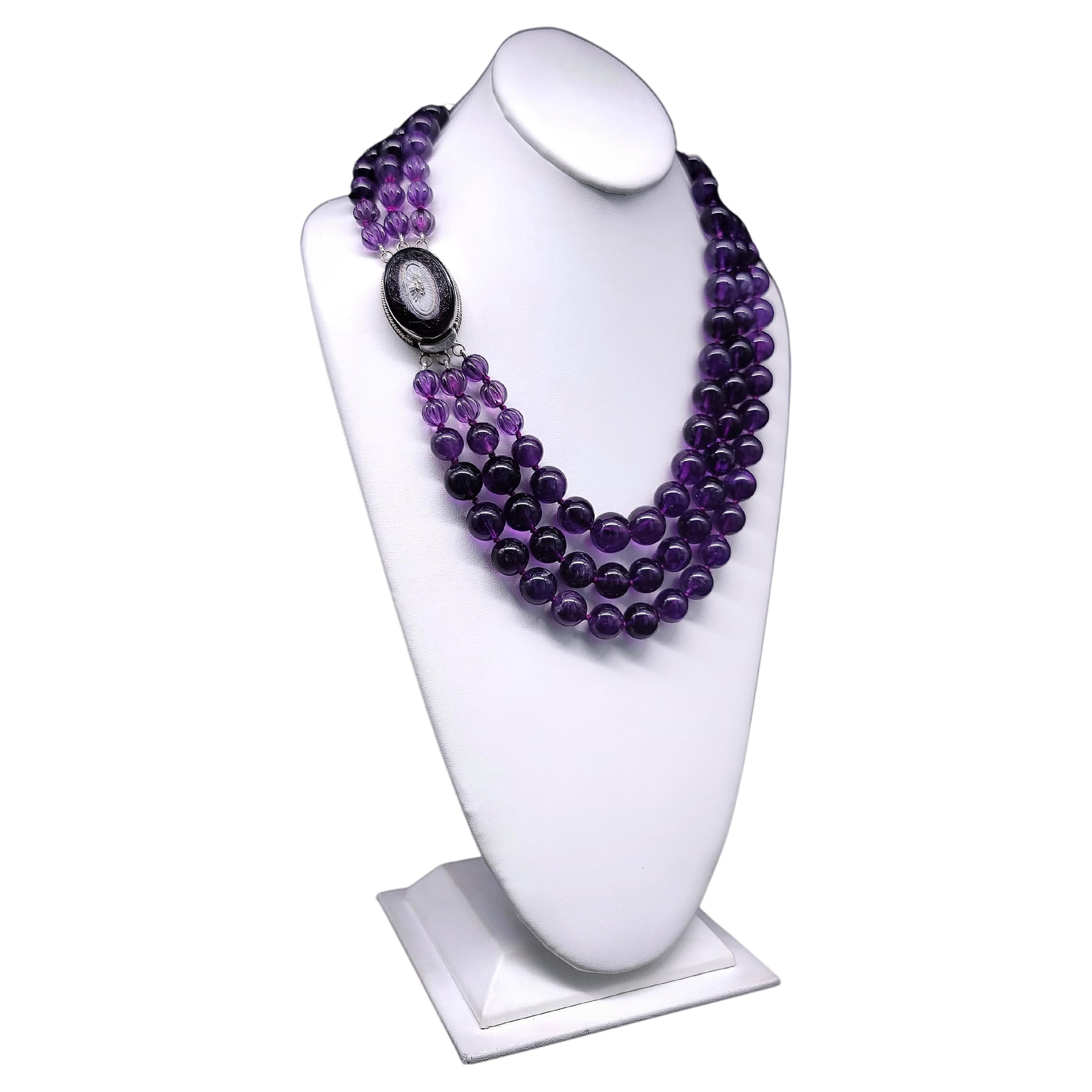 One-of-a-Kind

Behold, an extraordinary Amethyst necklace that possesses an eloquence of its own. This remarkable creation features the mightiest of crystals, presented in a harmonious convergence of three strands, each adorned with resplendent 16mm
