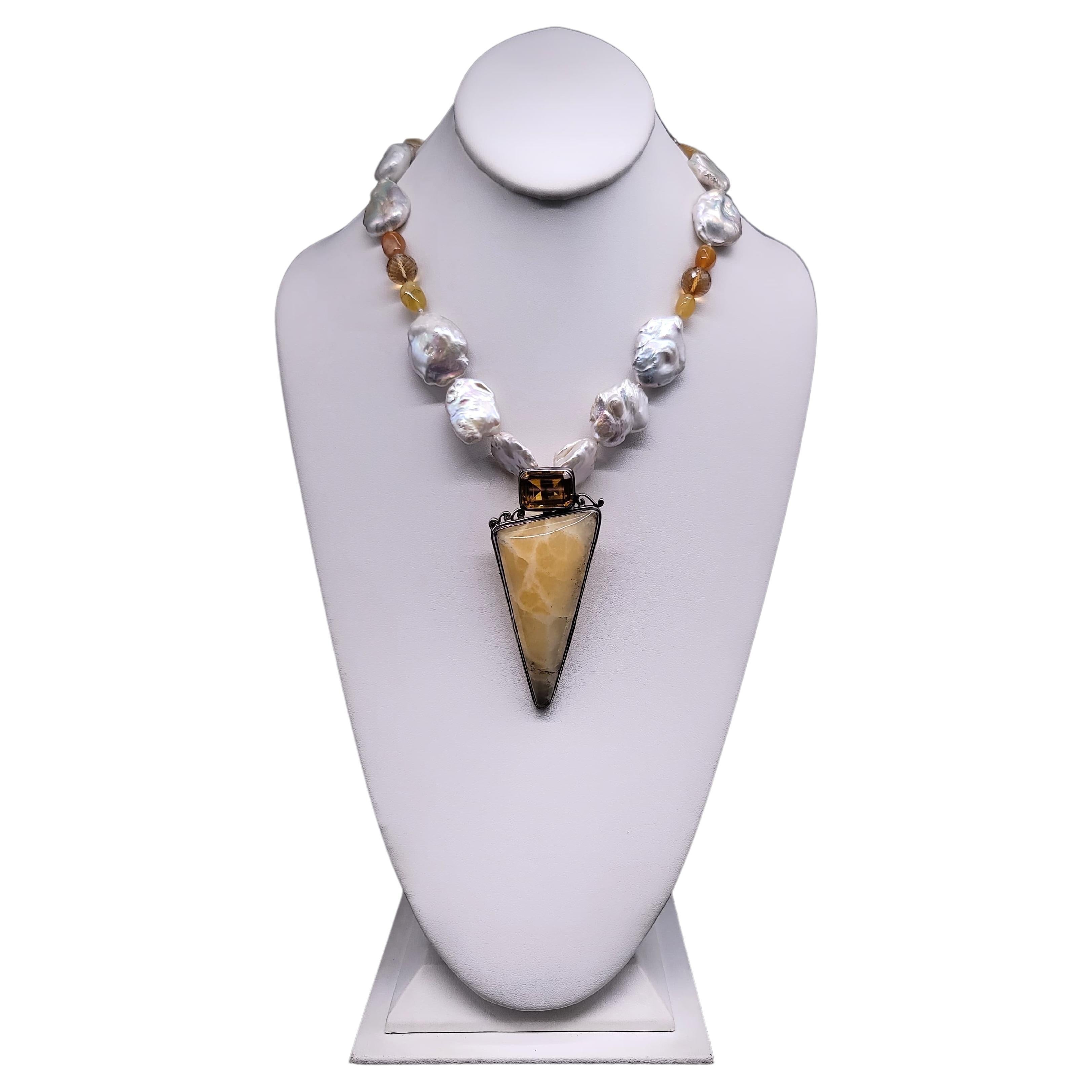 A.Jeschel  Baroque Pearls with Citrine and Onyx Pendant necklace. For Sale