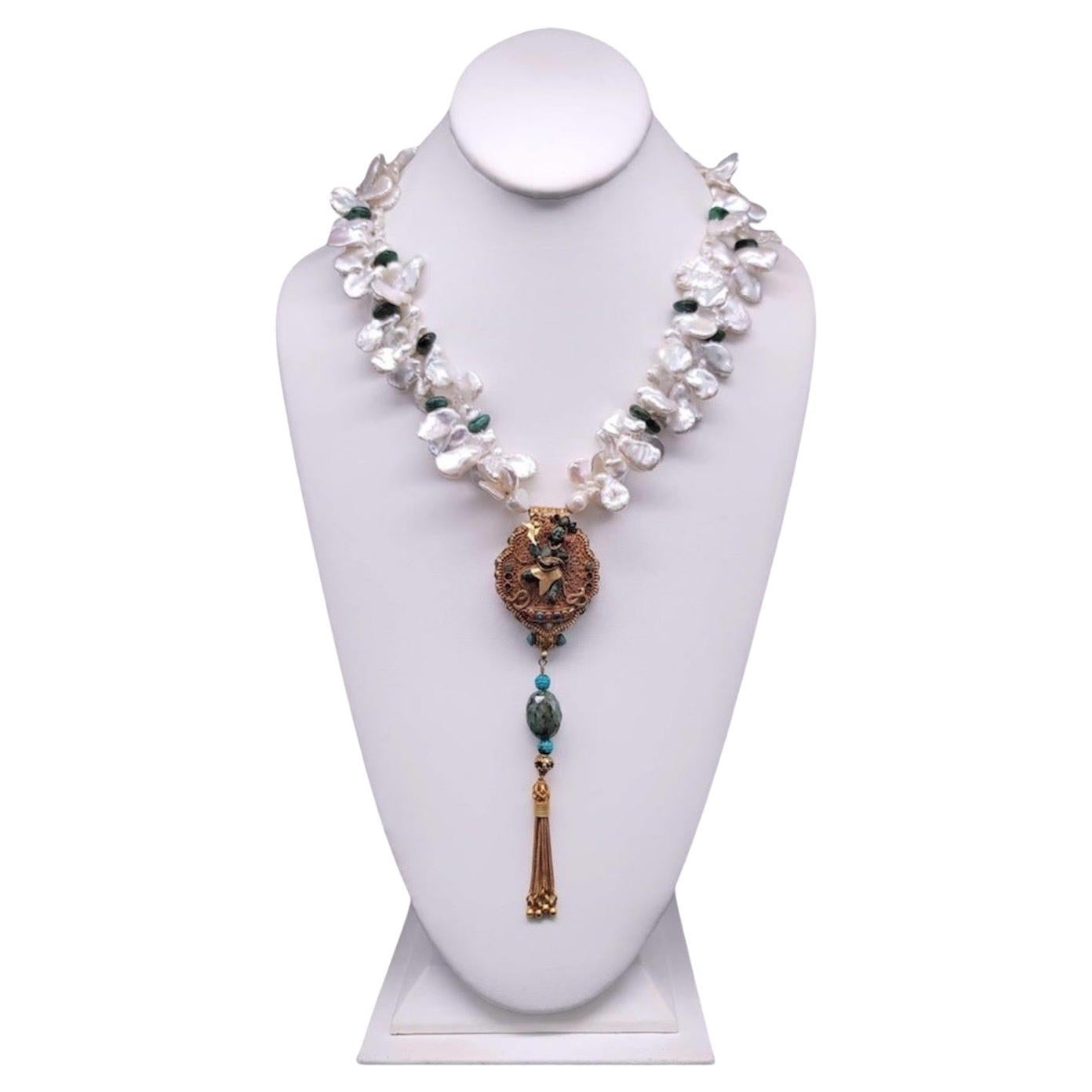 A.Jeschel Ghau Box Pendant Emerald and Freshwater Keshi Pearl Necklace For Sale