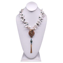 A.Jeschel Ghau Box Pendant Emerald and Freshwater Keshi Pearl Necklace