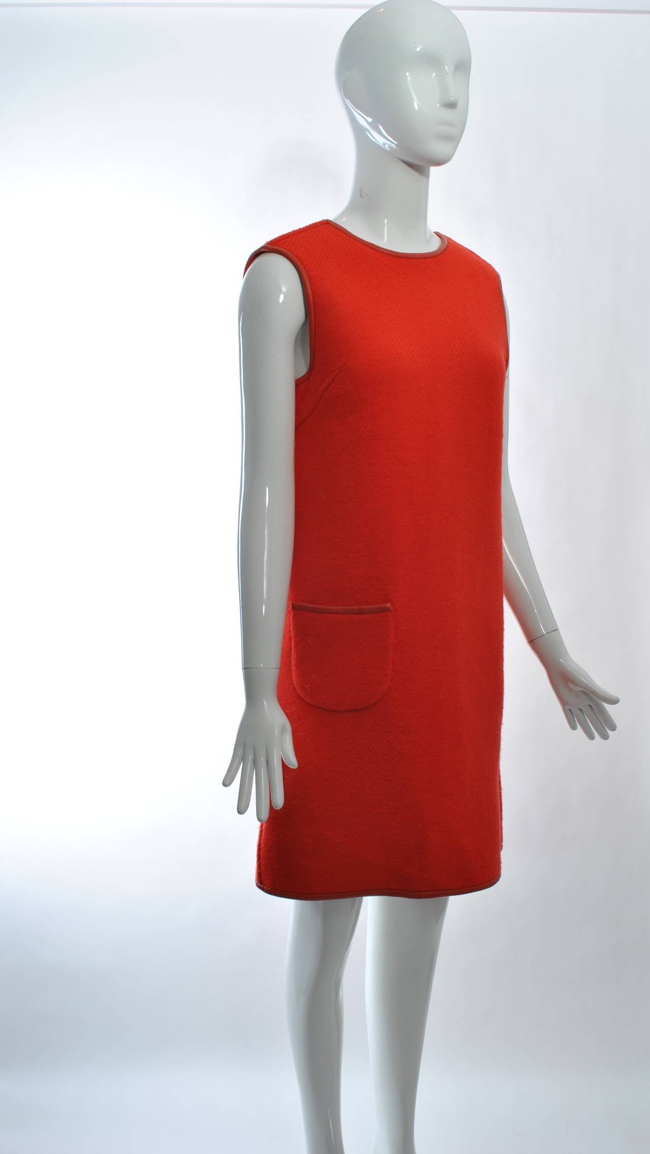Red 1960s Reversible Wool Dress w/Leather Trim For Sale