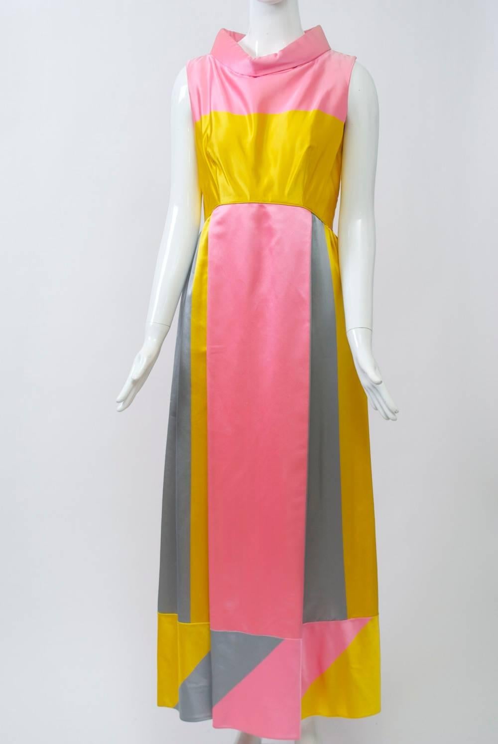 1960s Colorblock Satin Gown and Stole 2