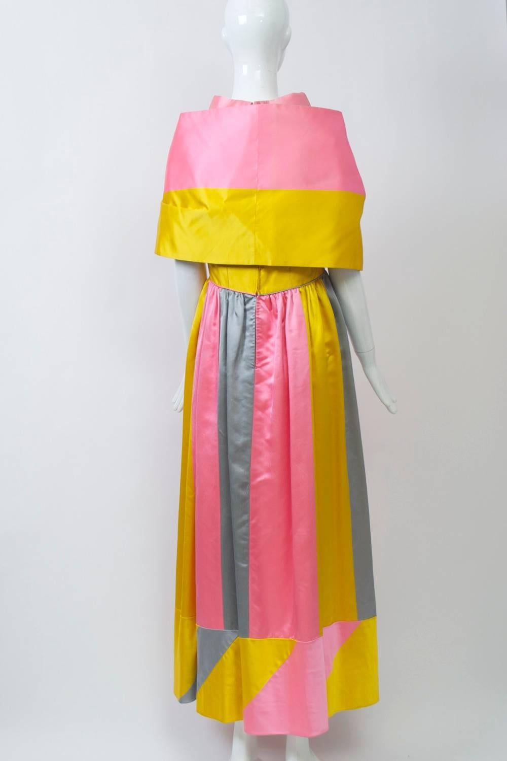 1960s Colorblock Satin Gown and Stole In Excellent Condition In Alford, MA