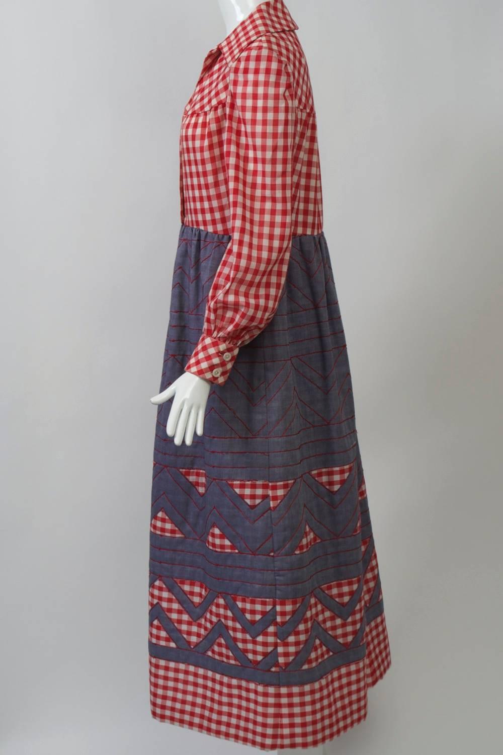 1970s Gingham and Denim Maxi Dress In Excellent Condition In Alford, MA