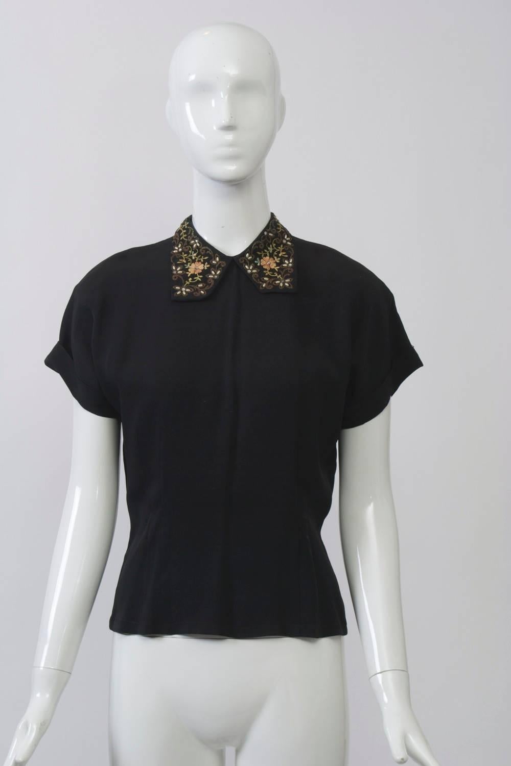 c.1950 Black Blouse In Excellent Condition In Alford, MA