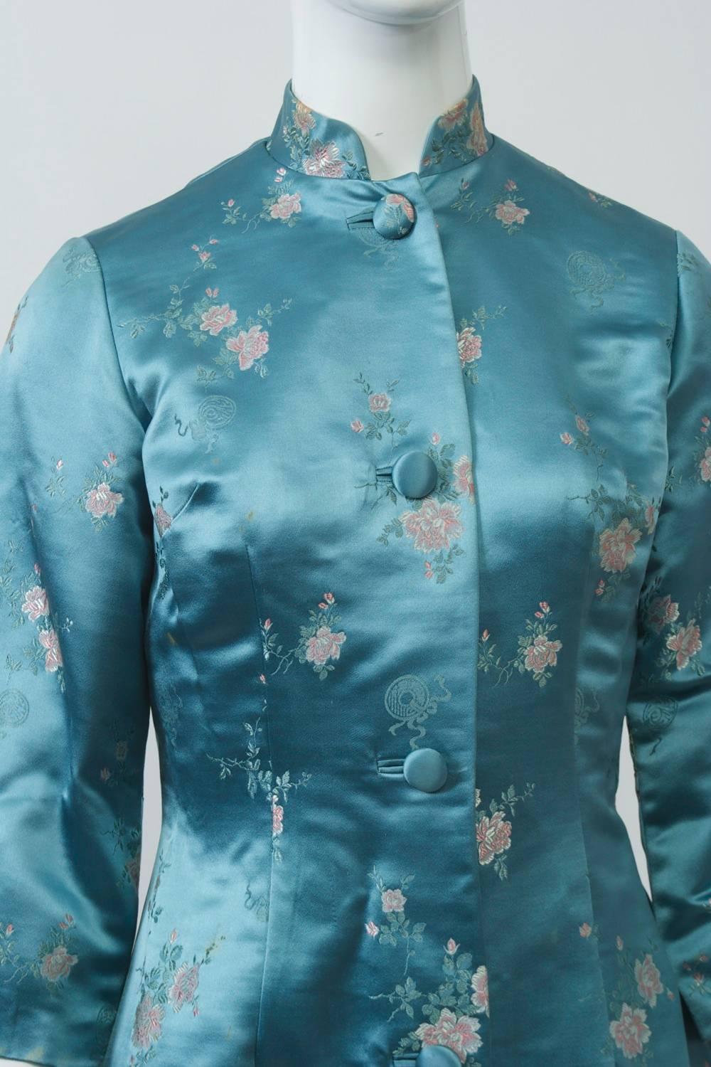 Blue Brocade Hong Kong Jacket and Pants For Sale