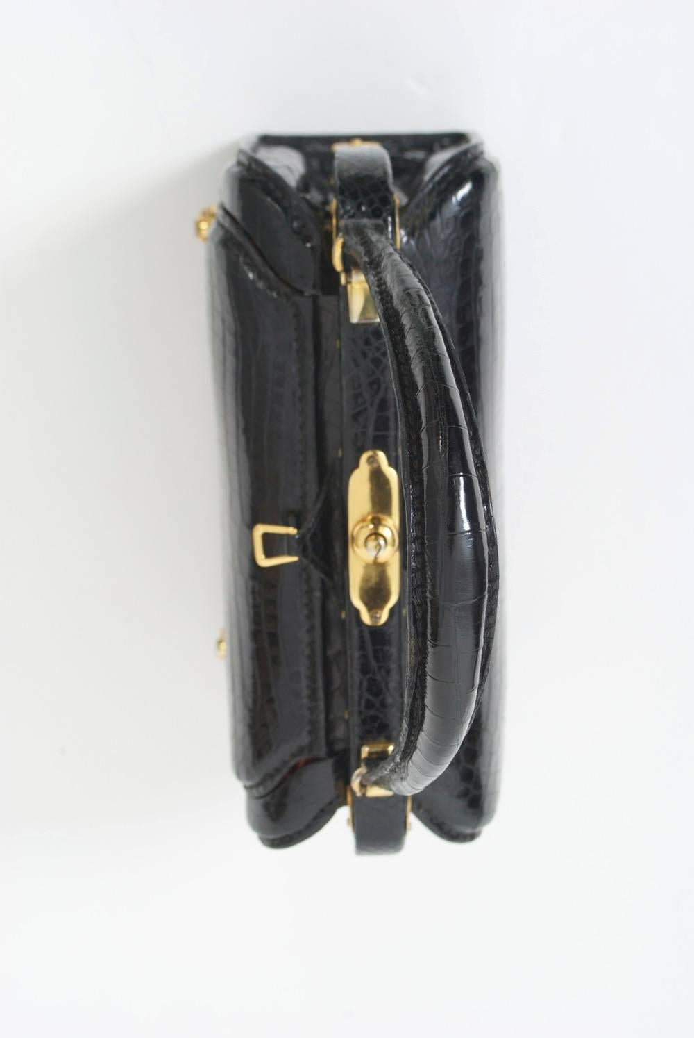 Women's 1960s Lederer Black Croc Bag with Concealed Accessories