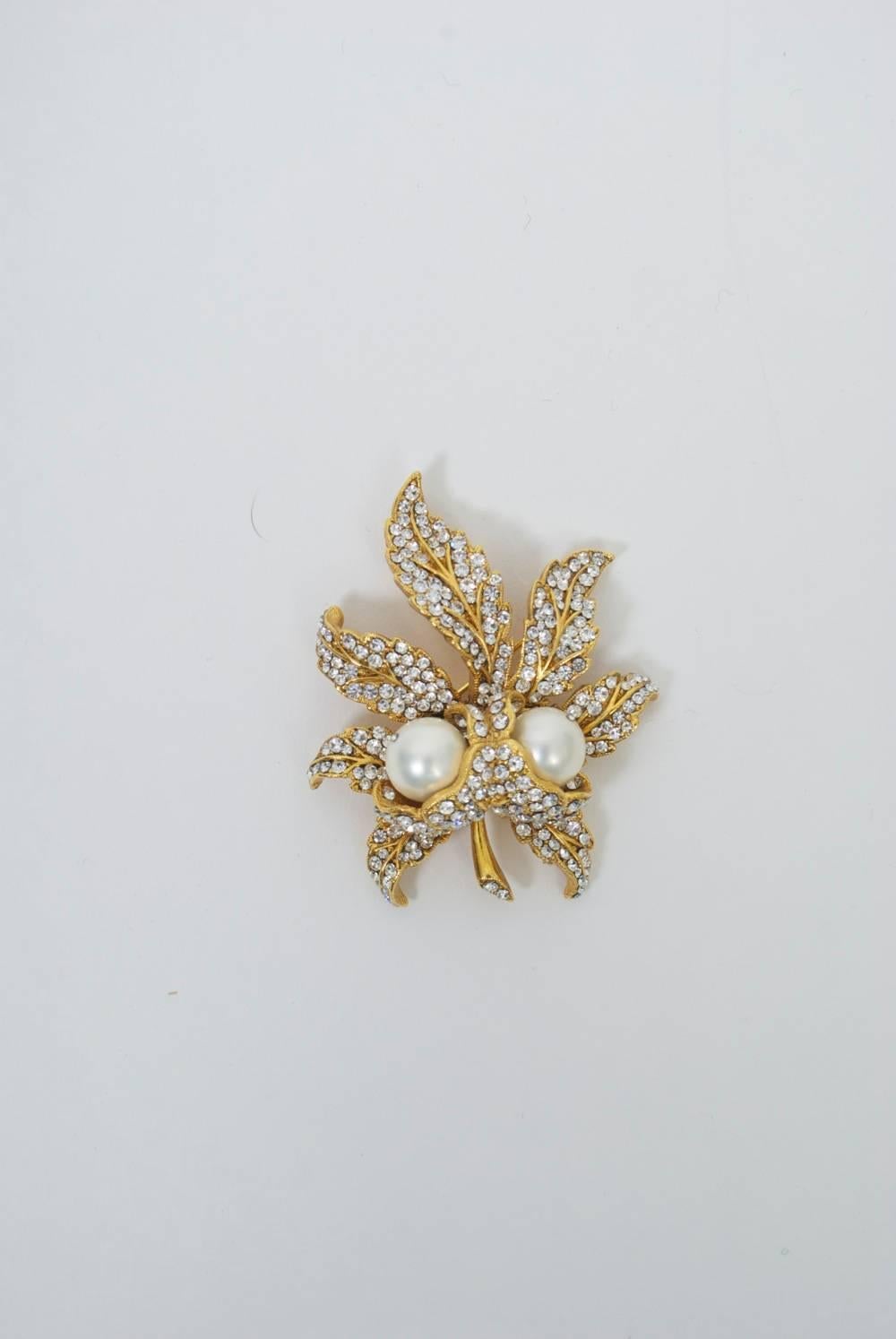 Barrera Rhinestone and Pearl Leaf Brooch In Excellent Condition In Alford, MA
