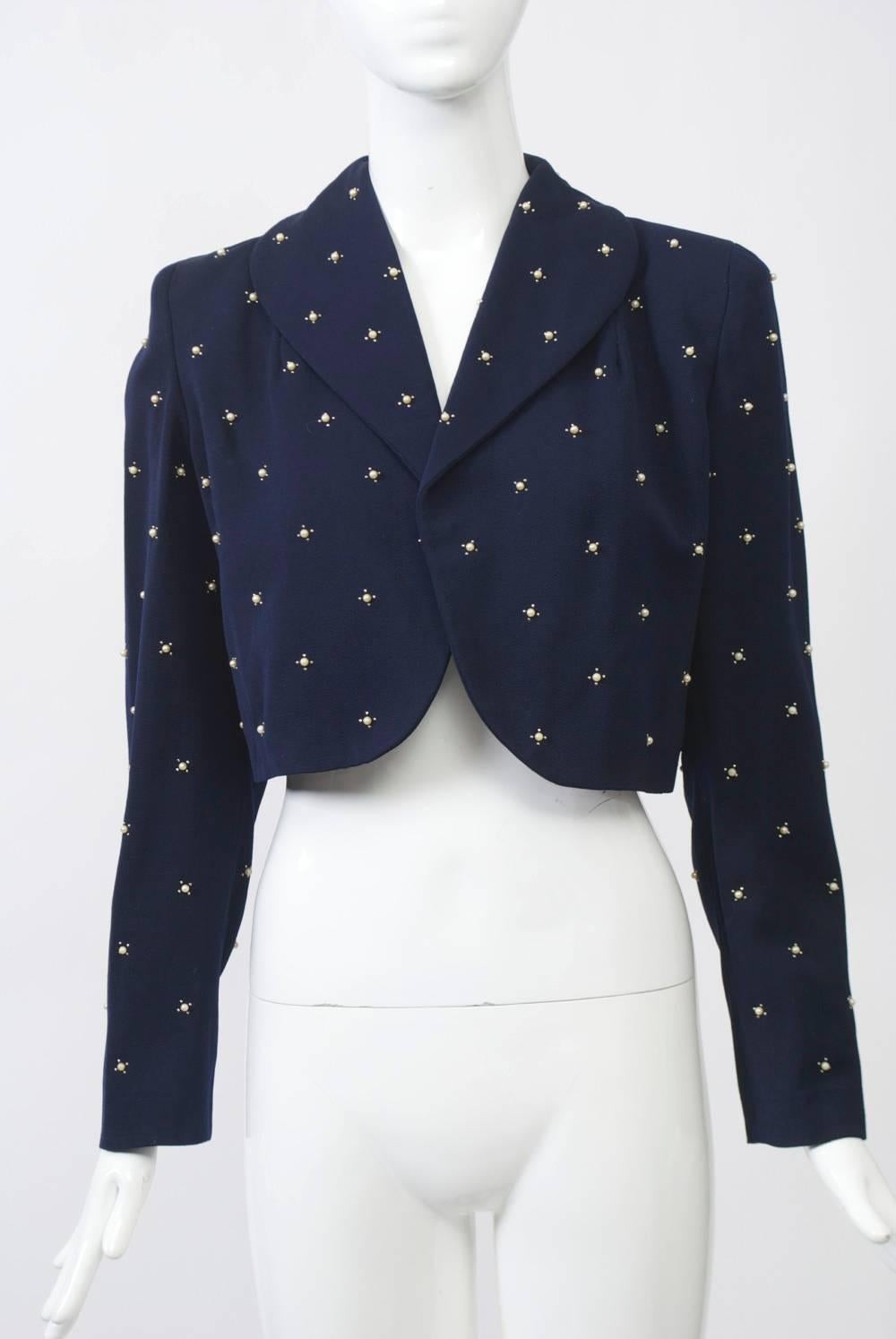 1950s Cropped Jacket with Pearl Studs In Excellent Condition For Sale In Alford, MA