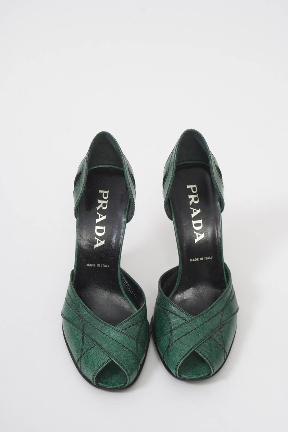 Black Prada Green Leather D'Orsay Pumps