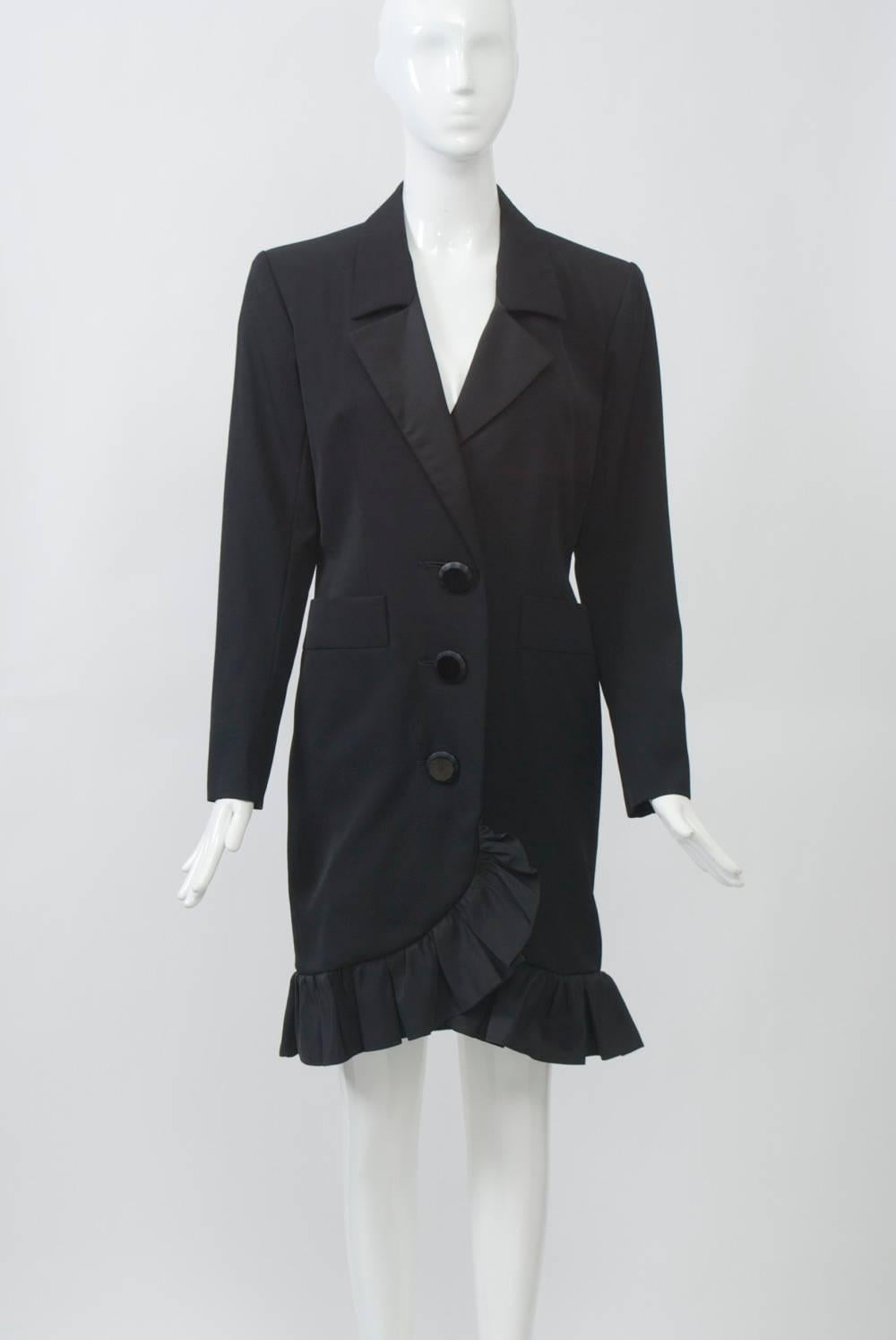 YSL Black Coat Dress with Ruffle In Excellent Condition In Alford, MA