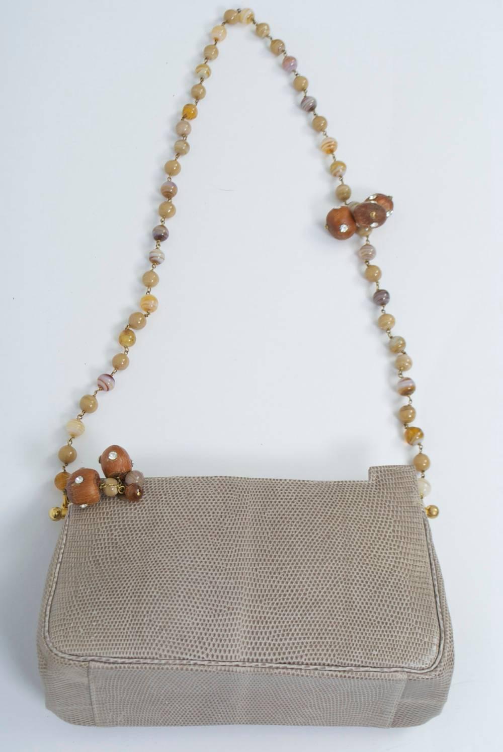 A la Reine Des Fées Taupe Lizard Shoulder Bag with Beads 1