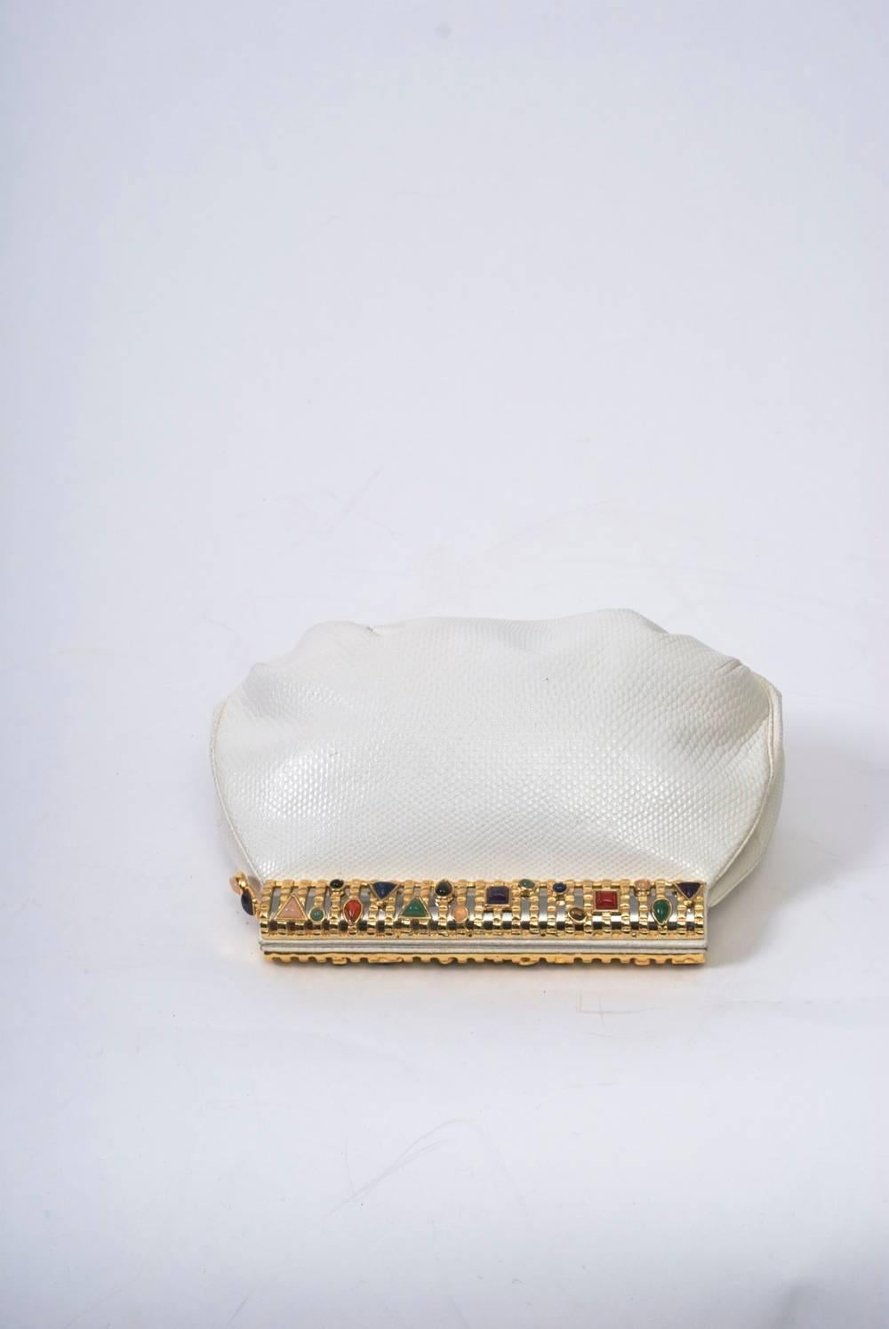 Women's Judith Leiber Embellished White Karung Clutch  For Sale